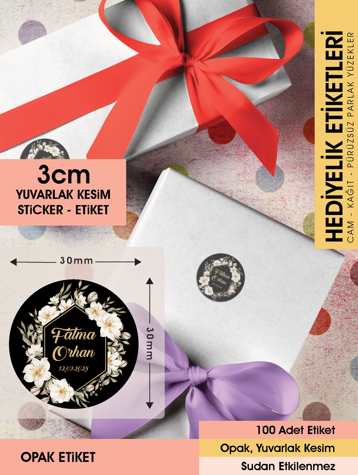 Beyaz Manolya Etiket Modeli Ürünlerinize Özel, 3 Cm - 100 Adet Opak Sticker