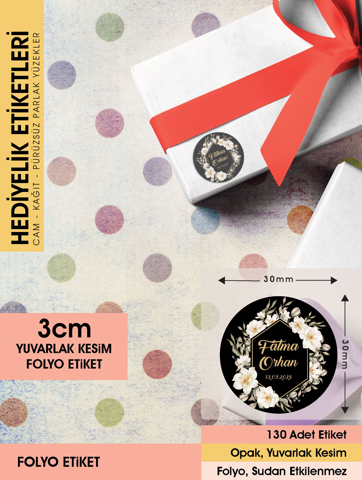 Beyaz Manolya Etiket Modeli Ürünlerinize Özel, 3 Cm - 130 Adet Folyo Sticker