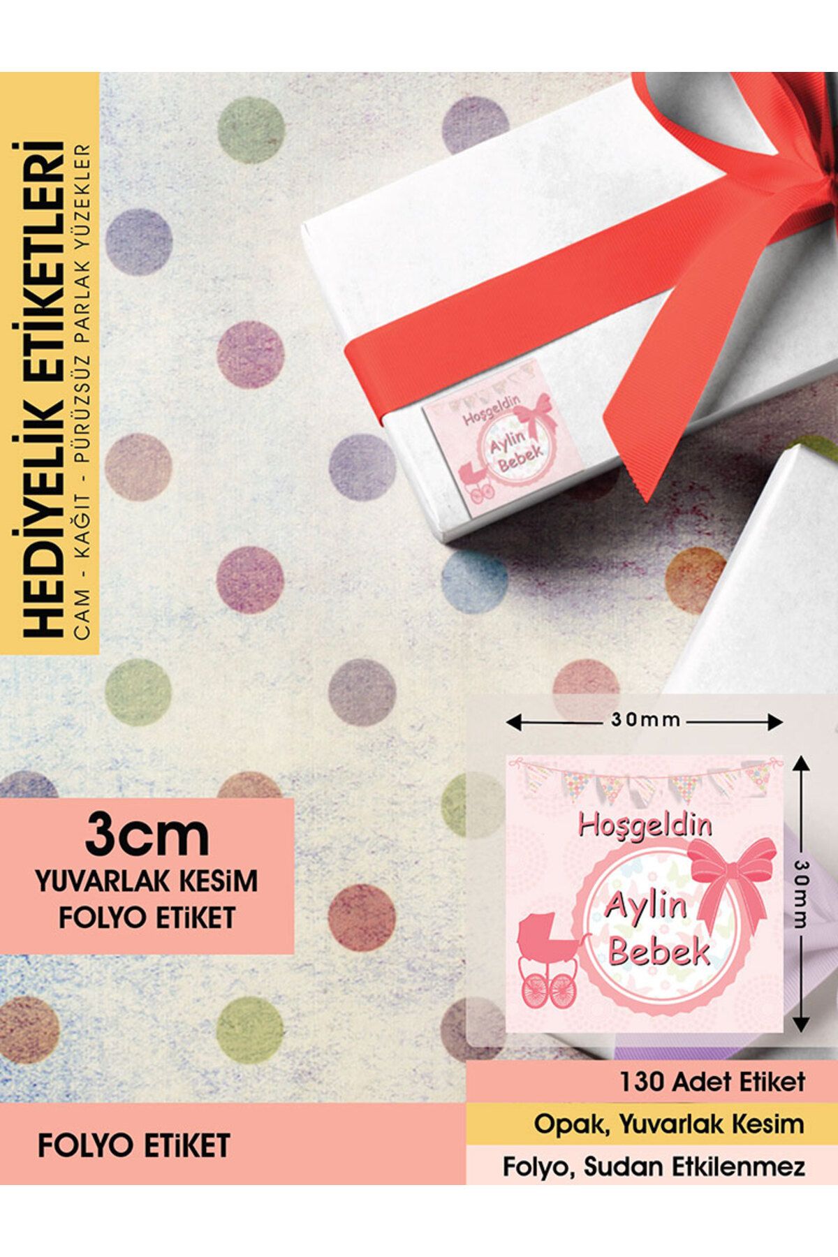 Fiyonklu Doğum Günü Etiketi - 3cm - 130 Adet Folyo Sticker