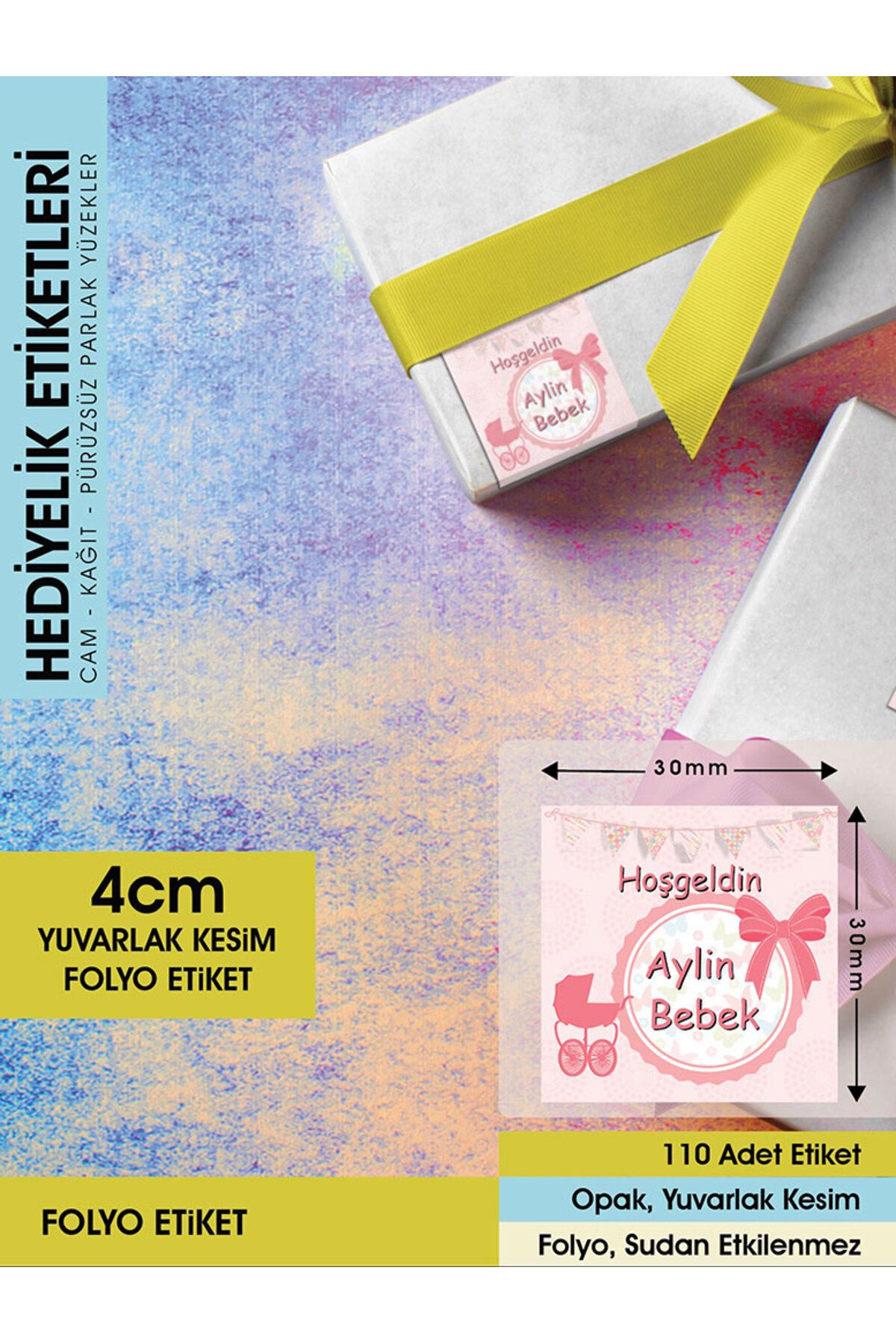 Fiyonklu Doğum Günü Etiketi - 4cm - 110 Adet Folyo Sticker