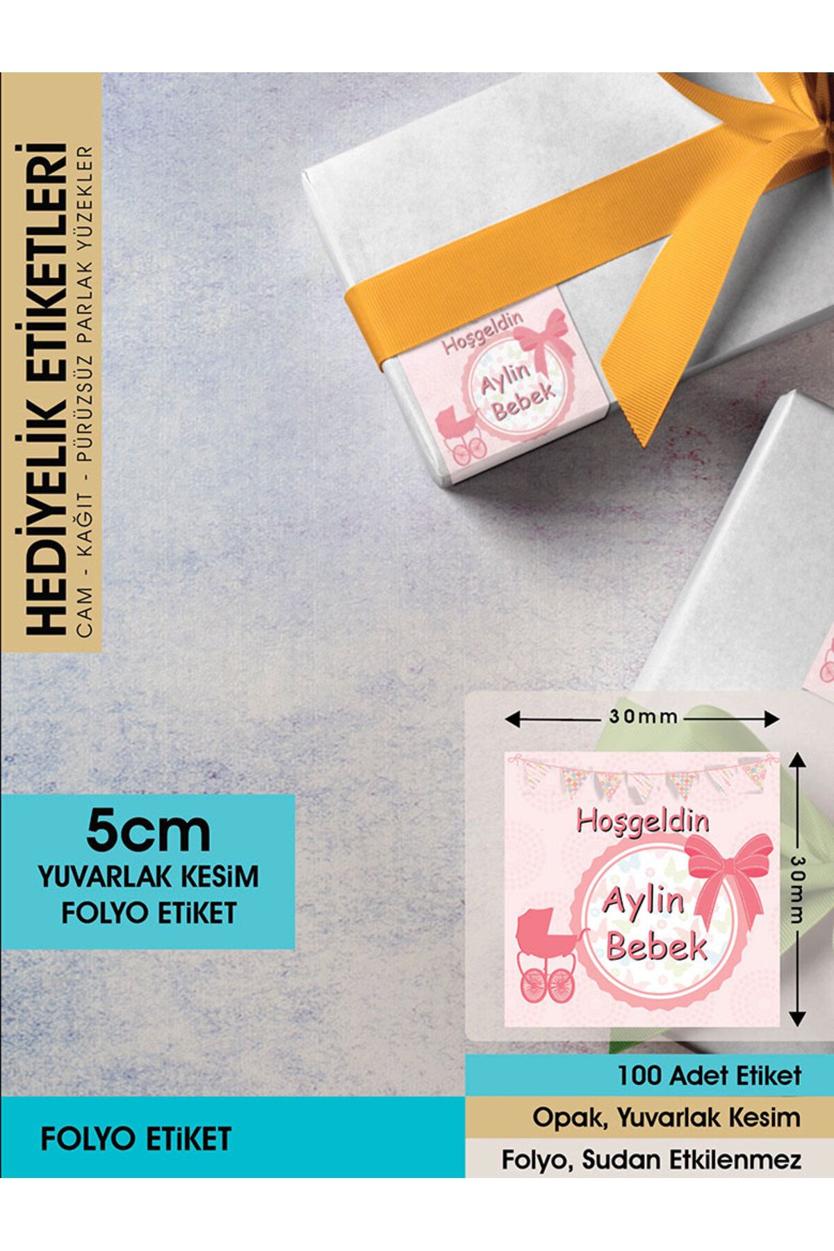 Fiyonklu Doğum Günü Etiketi - 5cm - 100 Adet Folyo Sticker