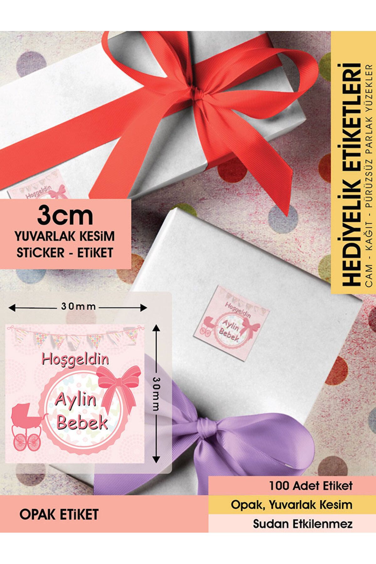 Fiyonklu Doğum Günü Etiketi - 3cm - 100 Adet Opak Sticker