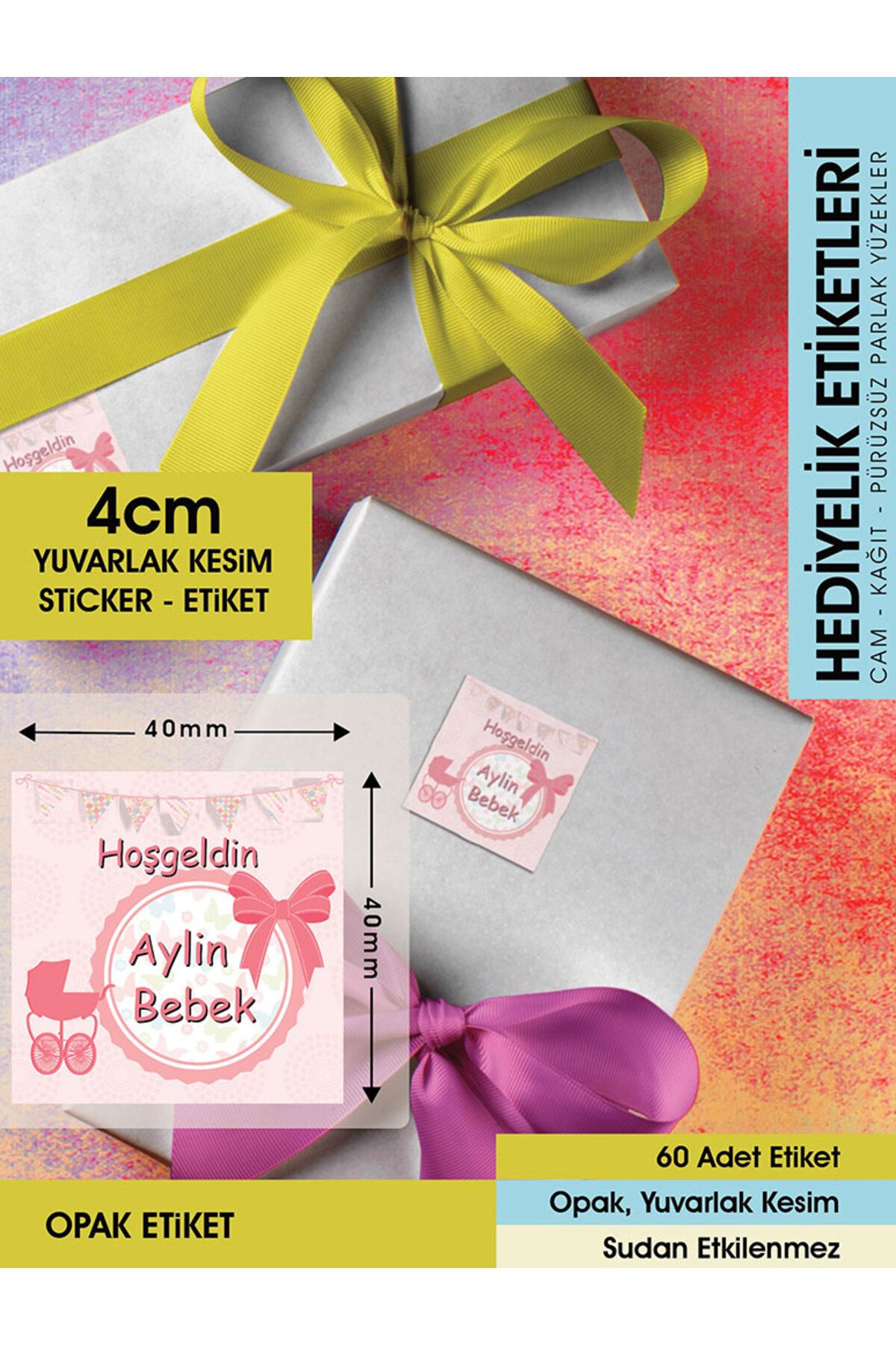 Fiyonklu Doğum Günü Etiketi - 4cm - 60 Adet Opak Sticker