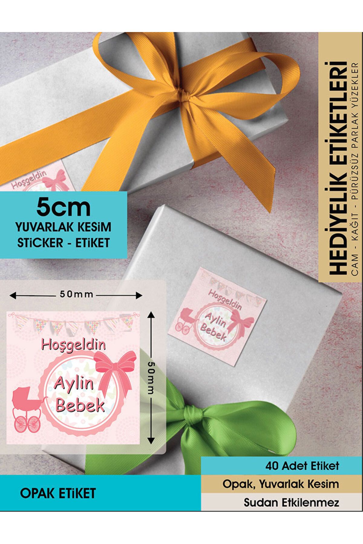 Fiyonklu Doğum Günü Etiketi - 5cm - 40 Adet Opak Sticker