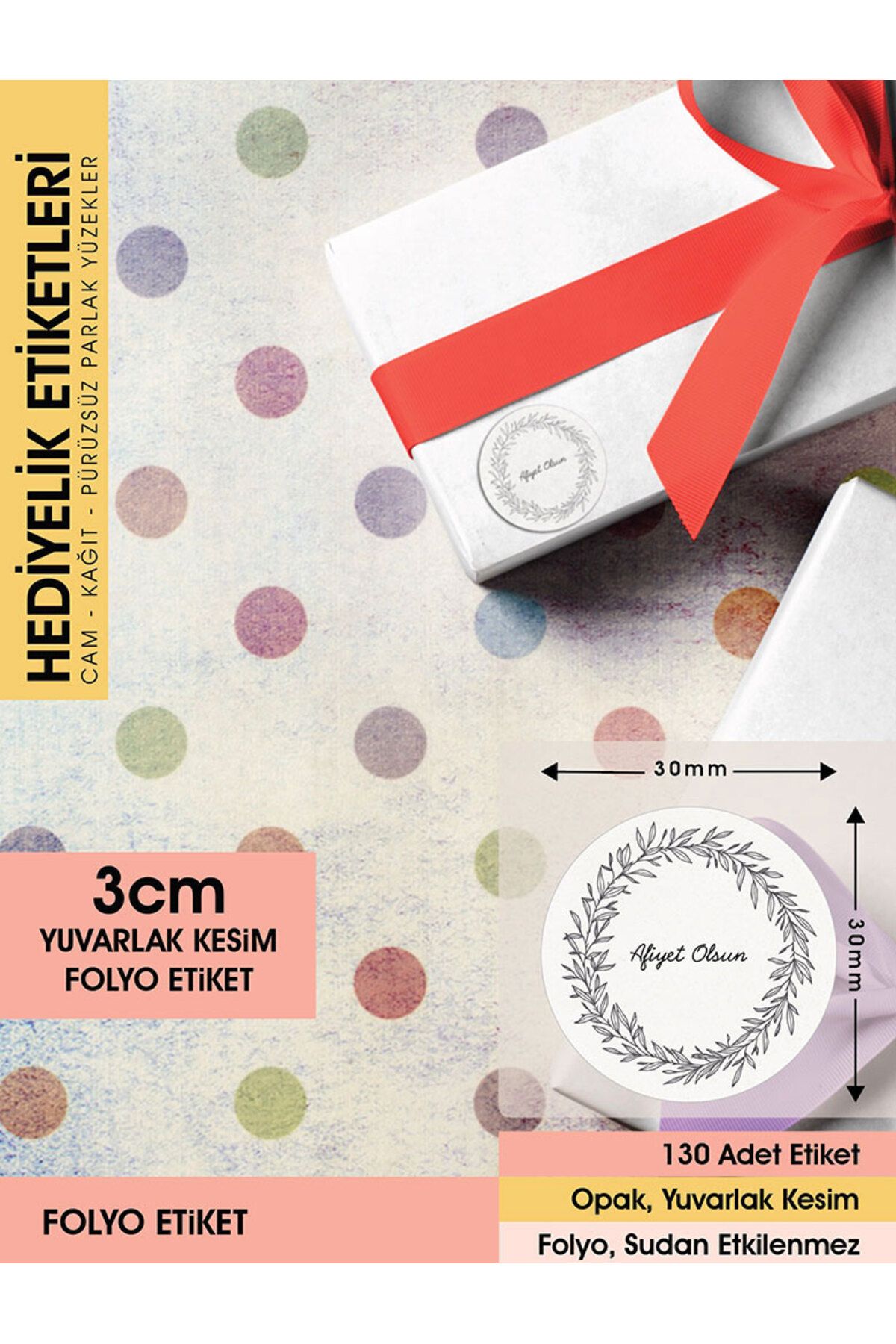 Çiçek Motifli Çelenk Afiyet Olsun Etiketi 3 Cm - 130 Adet Folyo Sticker