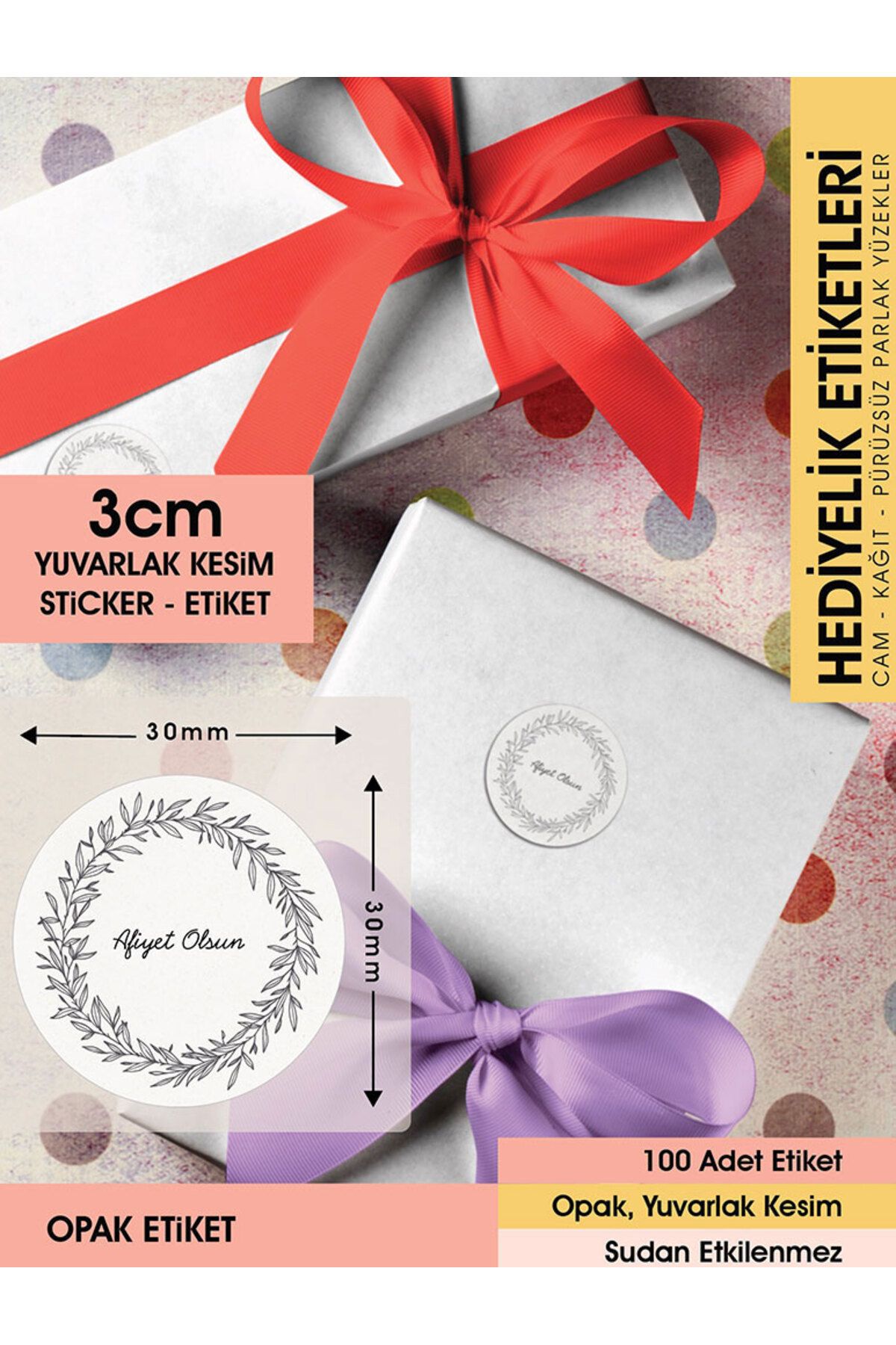 Çiçek Motifli Çelenk Afiyet Olsun Etiketi 3 Cm - 100 Adet Opak Sticker