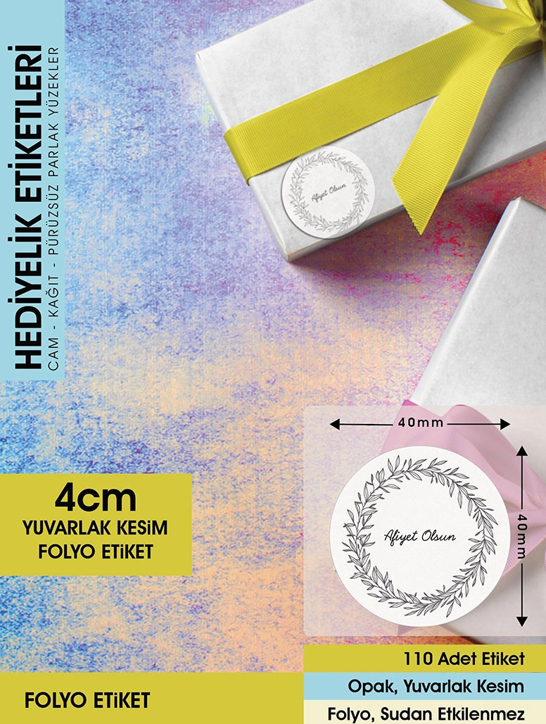 Çiçek Motifli Çelenk Afiyet Olsun Etiketi 4 Cm - Letbil 60 Adet Opak Sticker