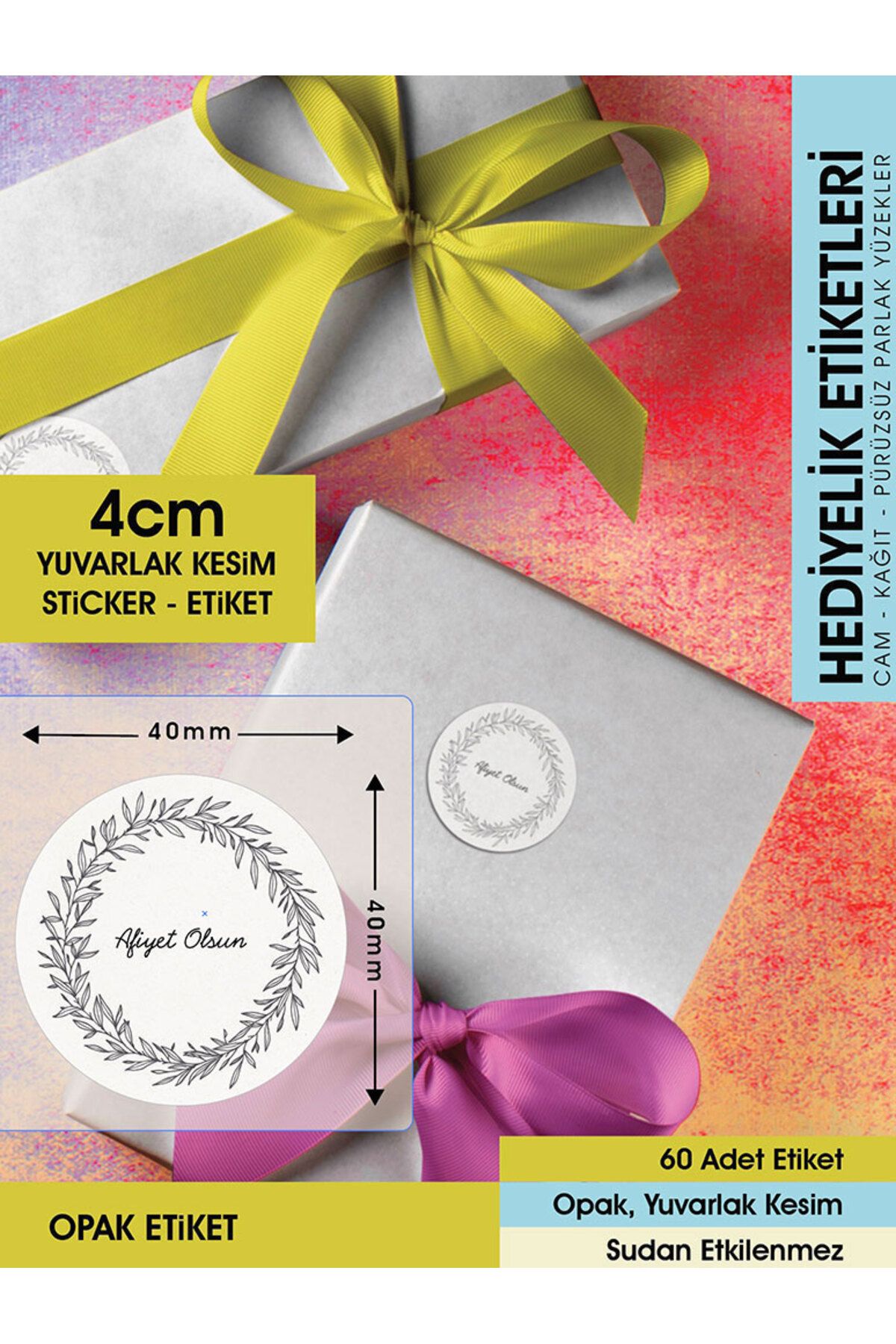Çiçek Motifli Çelenk Afiyet Olsun Etiketi 4 Cm - Letbil 60 Adet Opak Sticker