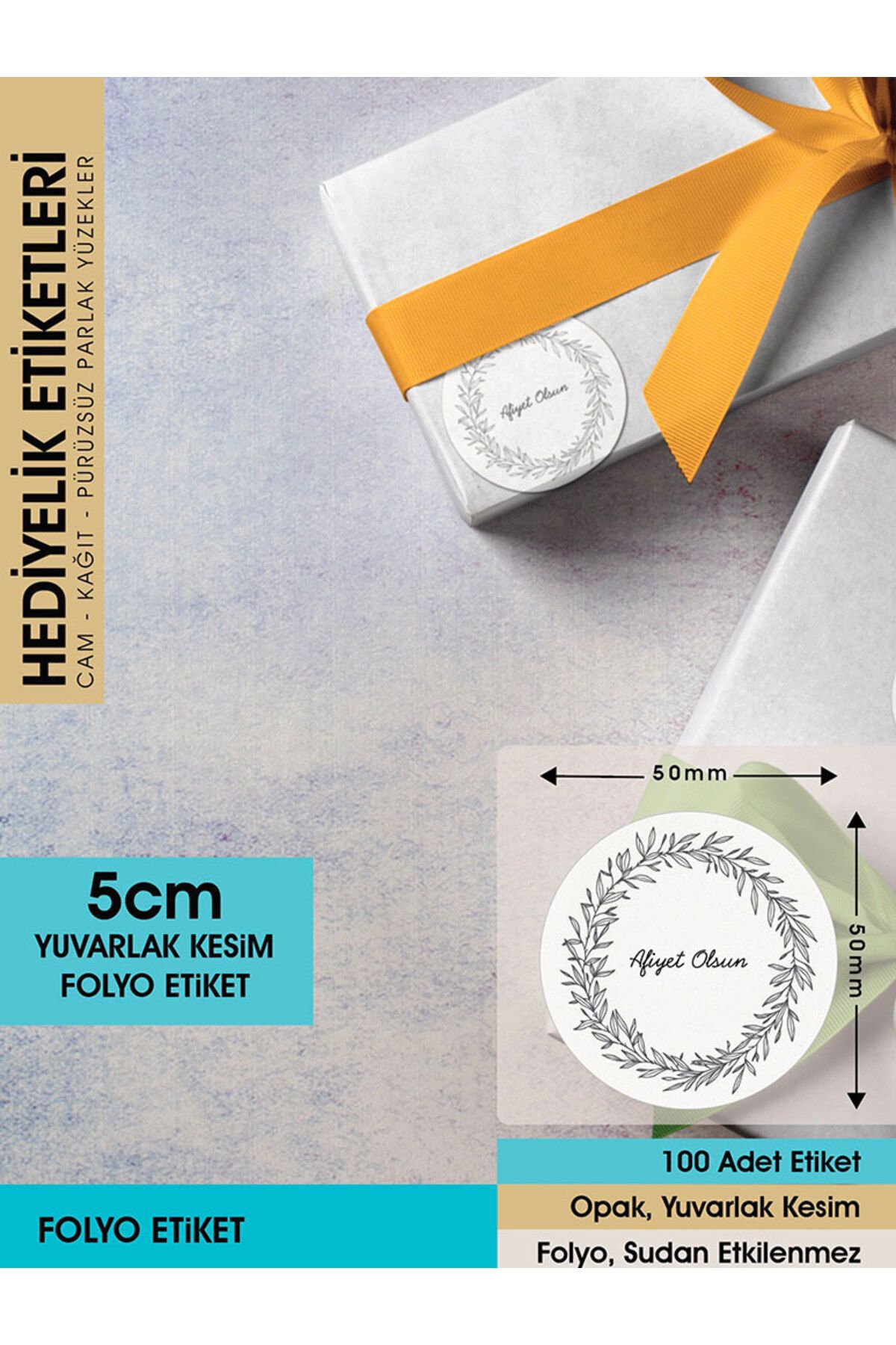 Çiçek Motifli Çelenk Afiyet Olsun Etiketi 5 Cm - 100 Adet Folyo Sticker