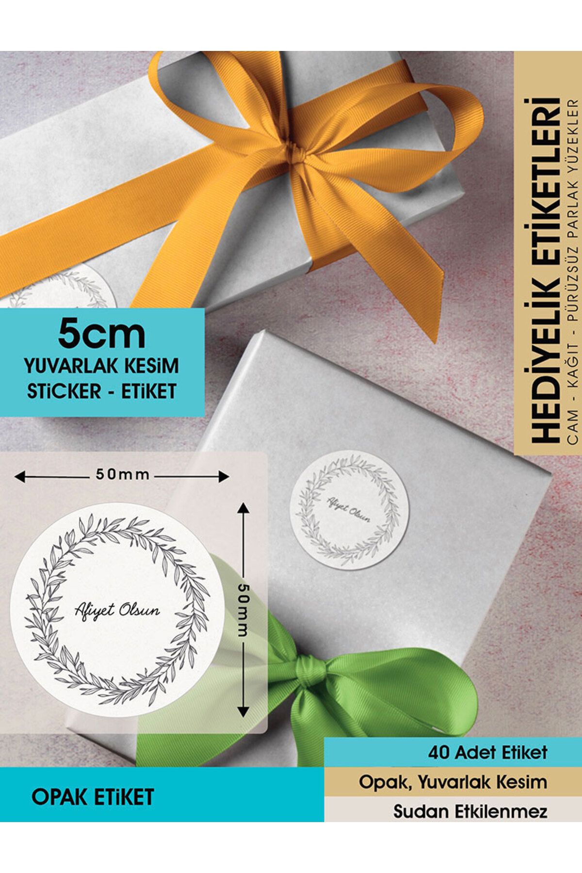 Çiçek Motifli Çelenk Afiyet Olsun Etiketi 5 Cm - Letbil 40 Adet Opak Sticker