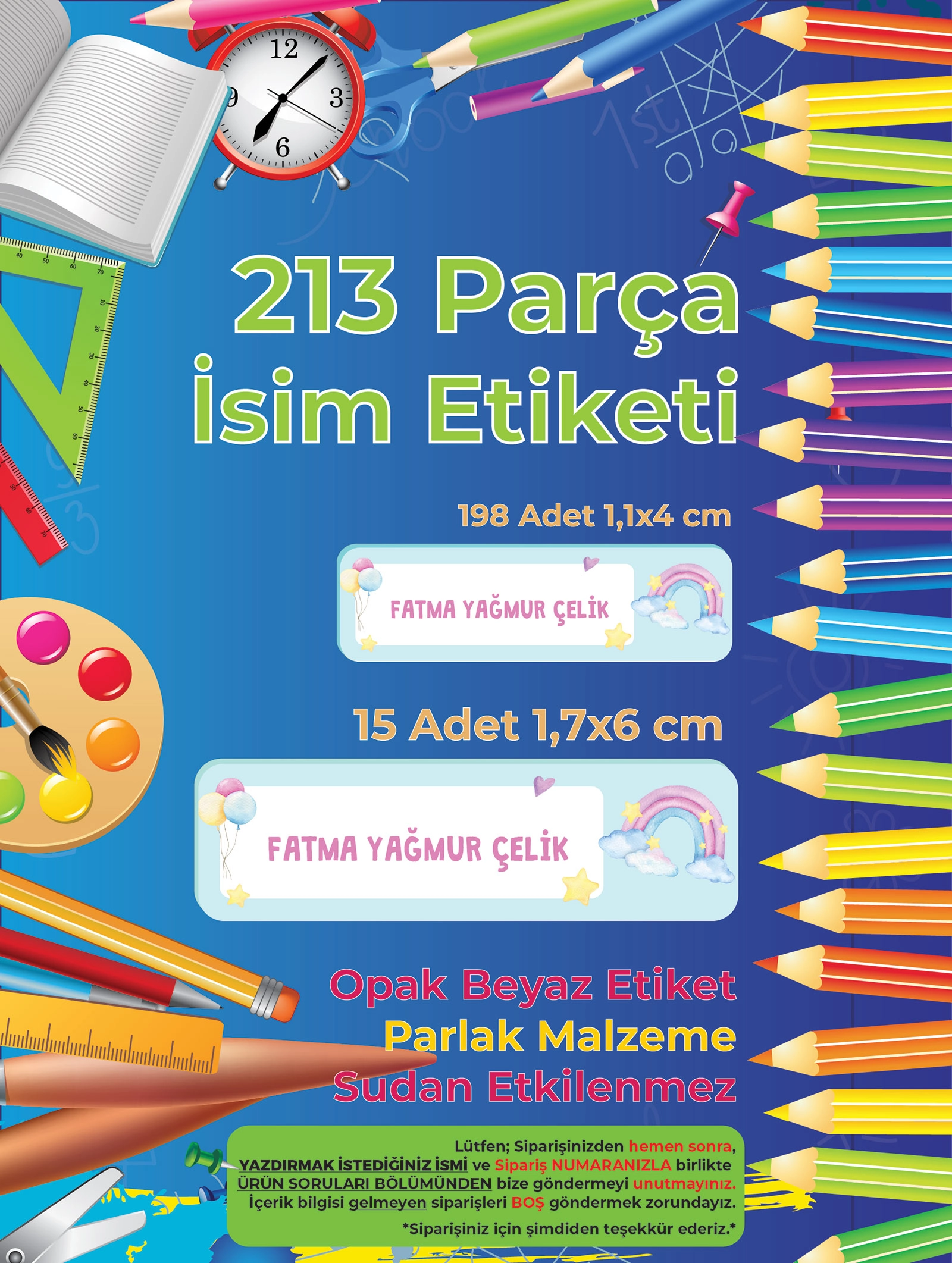 Okul Etiketi Kalem Defter Etiketi, Gökkuşağı - 213 Adet Opak Sticker