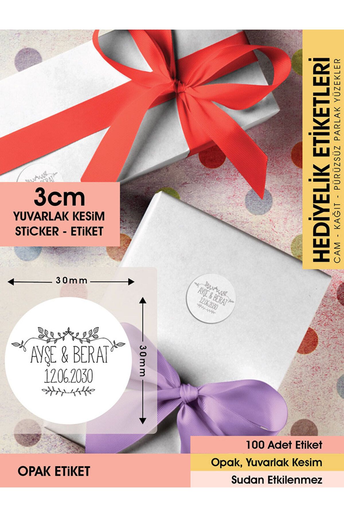 Çiçek Desenli Etiket Modeli, Düğün Hediyelik Etiket 3cm - 100 Adet Opak Sticker