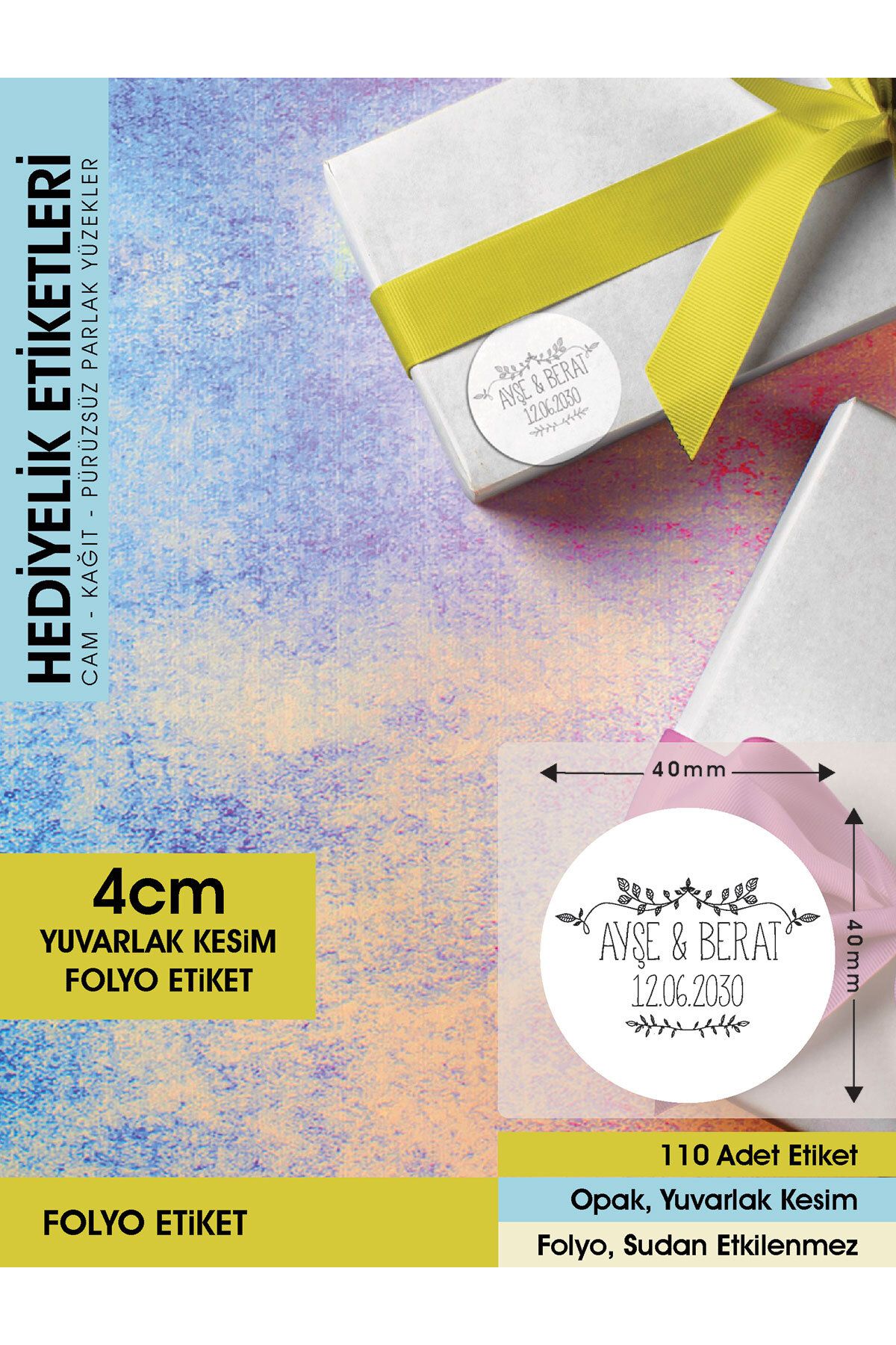 Çiçek Desenli Etiket Modeli, Düğün Hediyelik Etiket 4Cm - 110 Adet Folyo Sticker