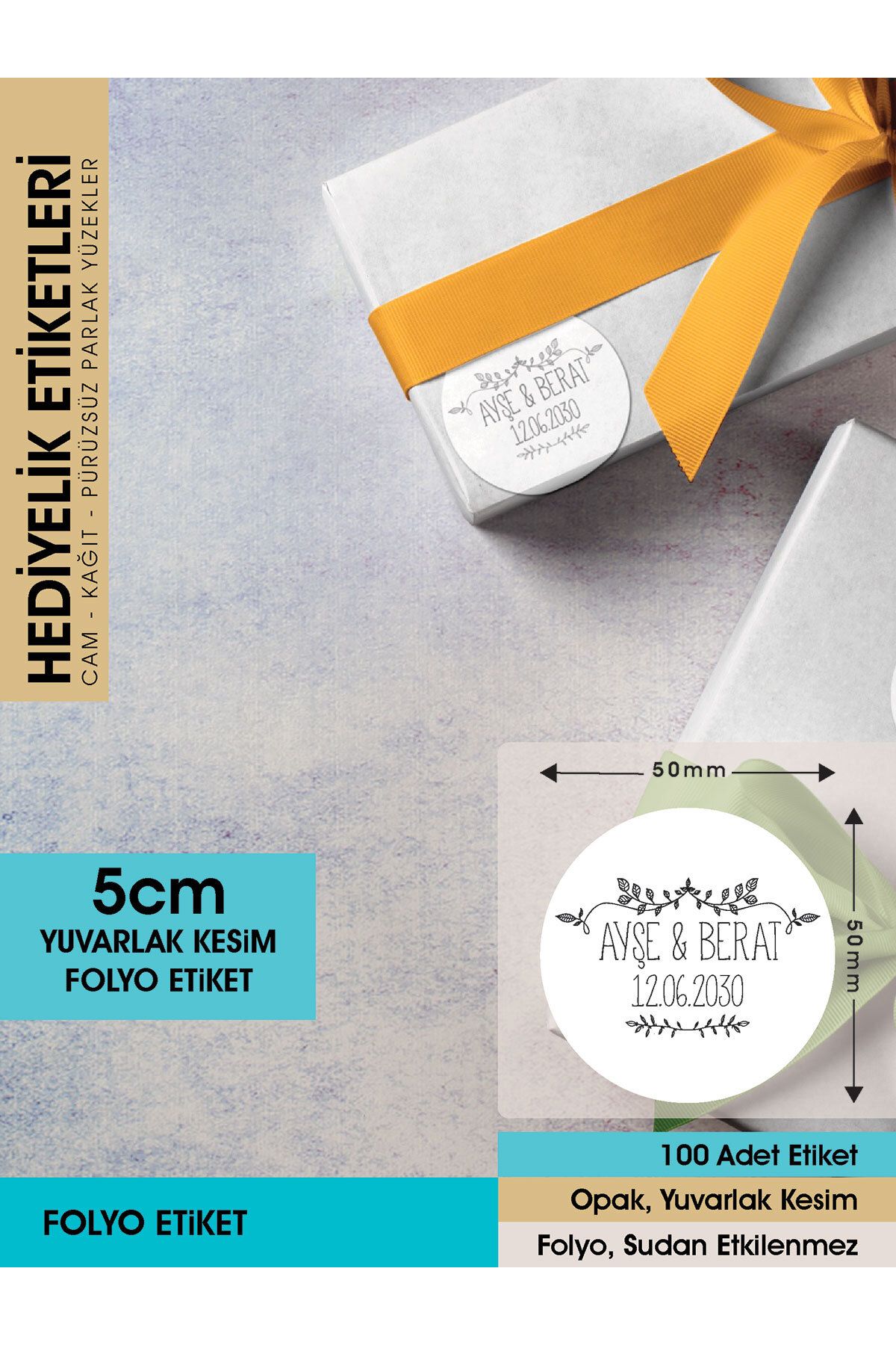 Çiçek Desenli Etiket Modeli, Düğün Hediyelik Etiket 5cm - 100 Adet Folyo Sticker