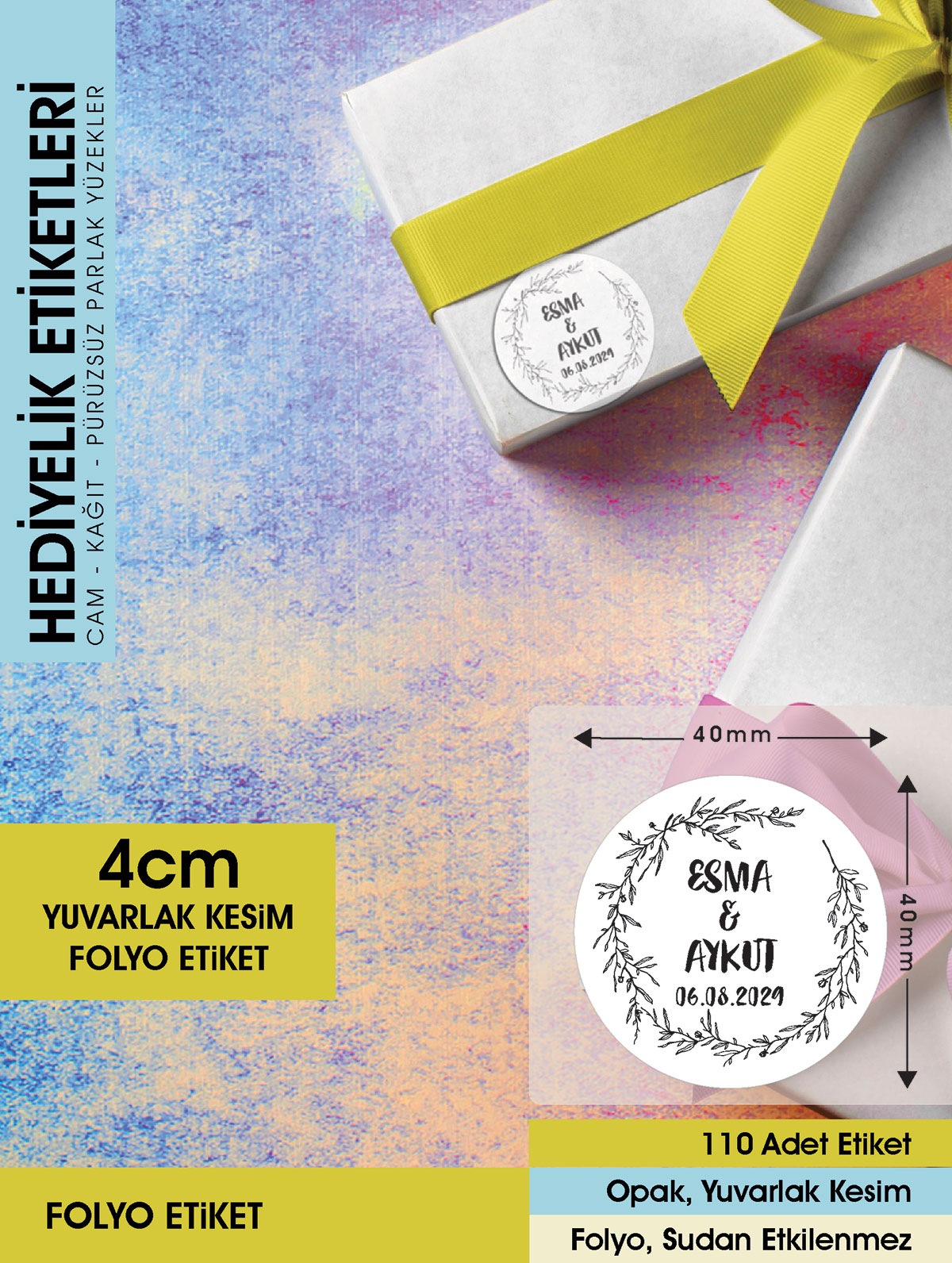 Çelenk Çiçek Motifli Etiket Modeli Ürünlerinize Özel 4 Cm - 110 Adet Folyo Sticker