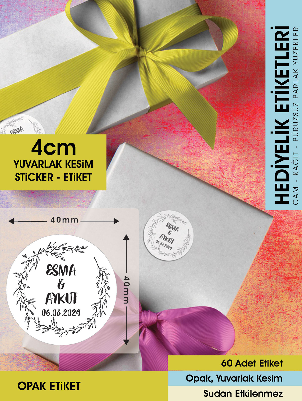 Çelenk Çiçek Motifli Etiket Modeli Ürünlerinize Özel 4 Cm - 60 Adet Opak Sticker