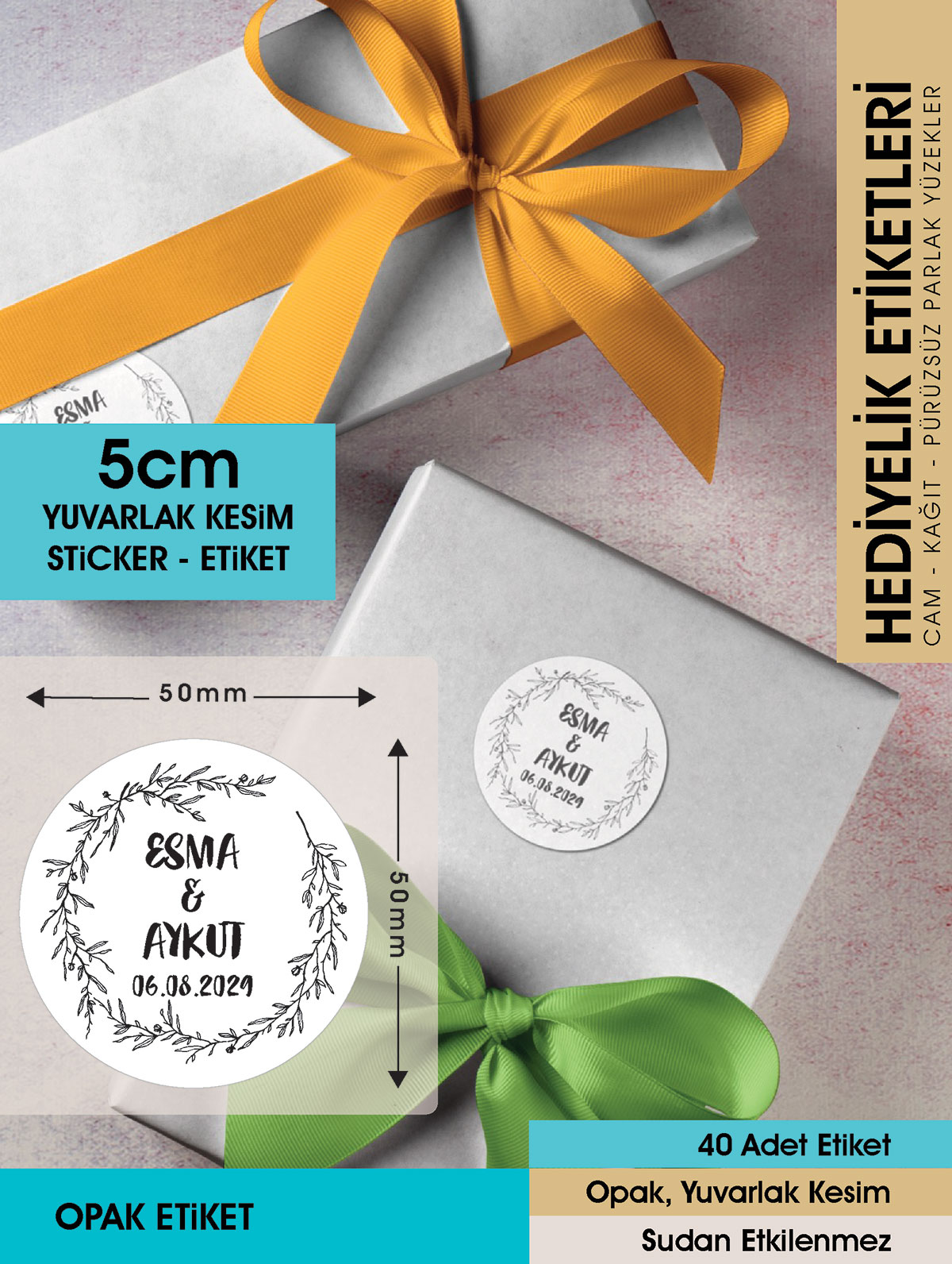 Çelenk Çiçek Motifli Etiket Modeli Ürünlerinize Özel 5 Cm - 40 Adet Opak Sticker