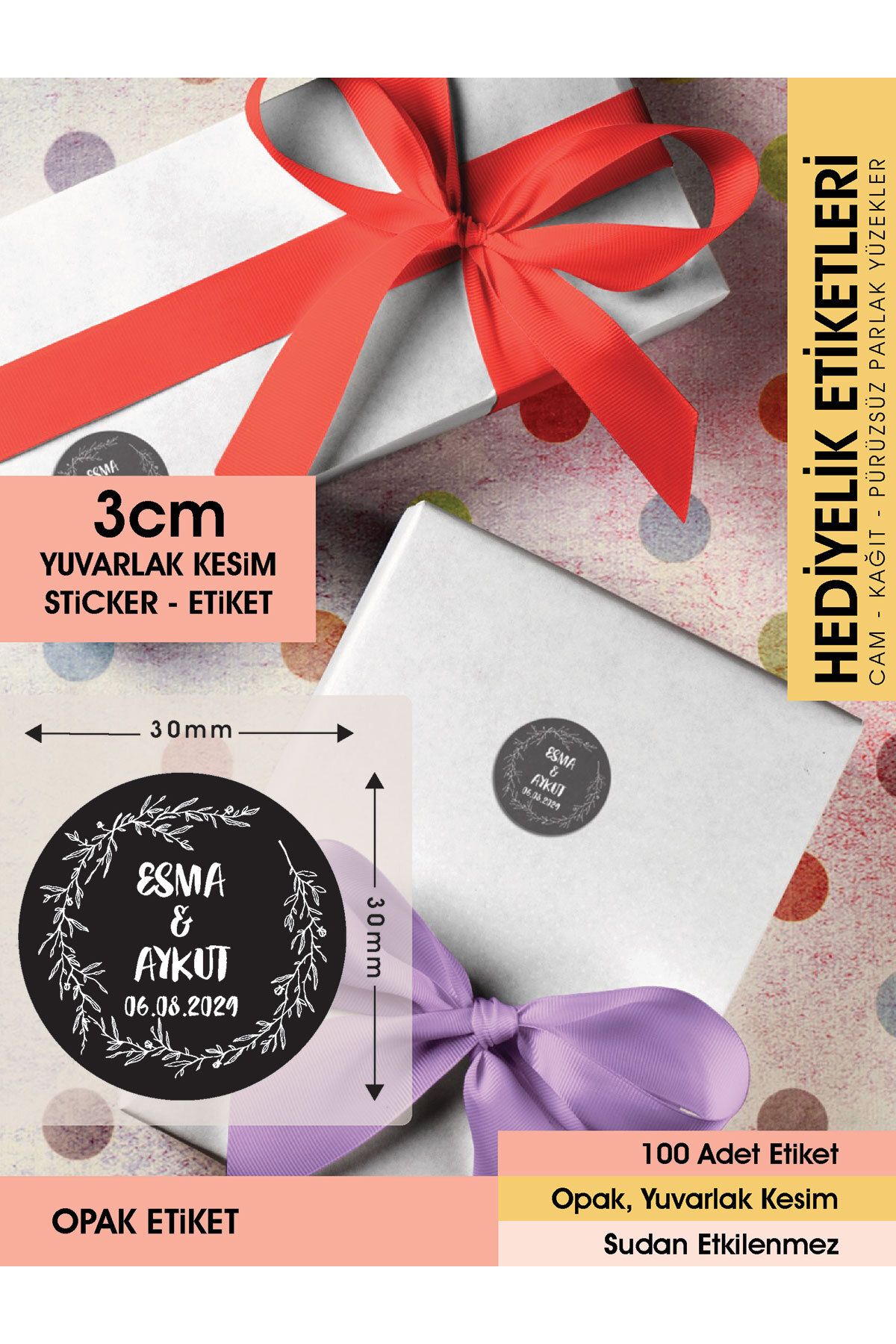 Çelenk Çiçek Motifli, Siyah Etiket Modeli Ürünlerinize Özel 3 Cm - 100 Adet Opak Sticker