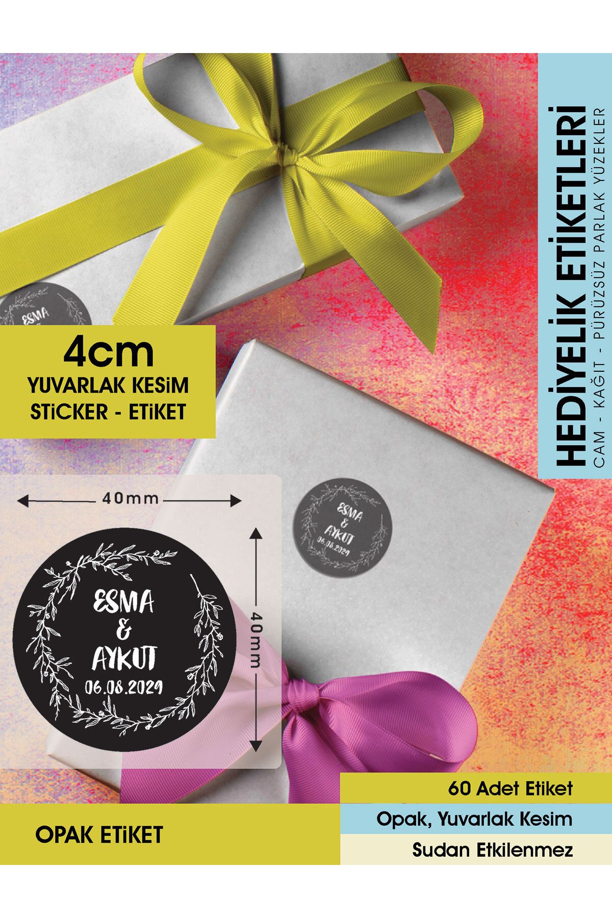 Çelenk Çiçek Motifli, Siyah Etiket Modeli Ürünlerinize Özel 4 Cm - 60 Adet Opak Sticker
