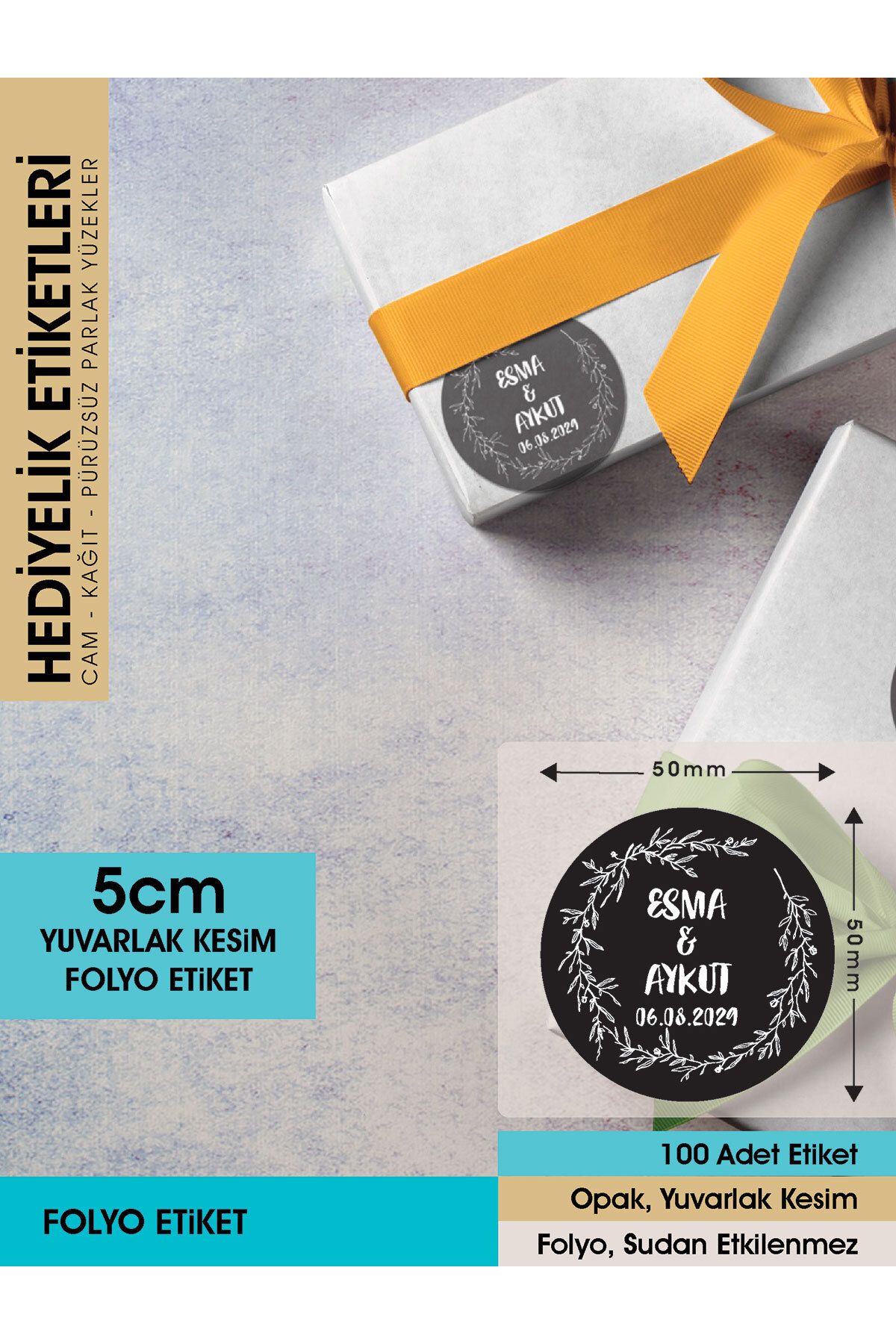 Çelenk Çiçek Motifli, Siyah Etiket Modeli Ürünlerinize Özel 5 Cm - 100 Adet Folyo Sticker