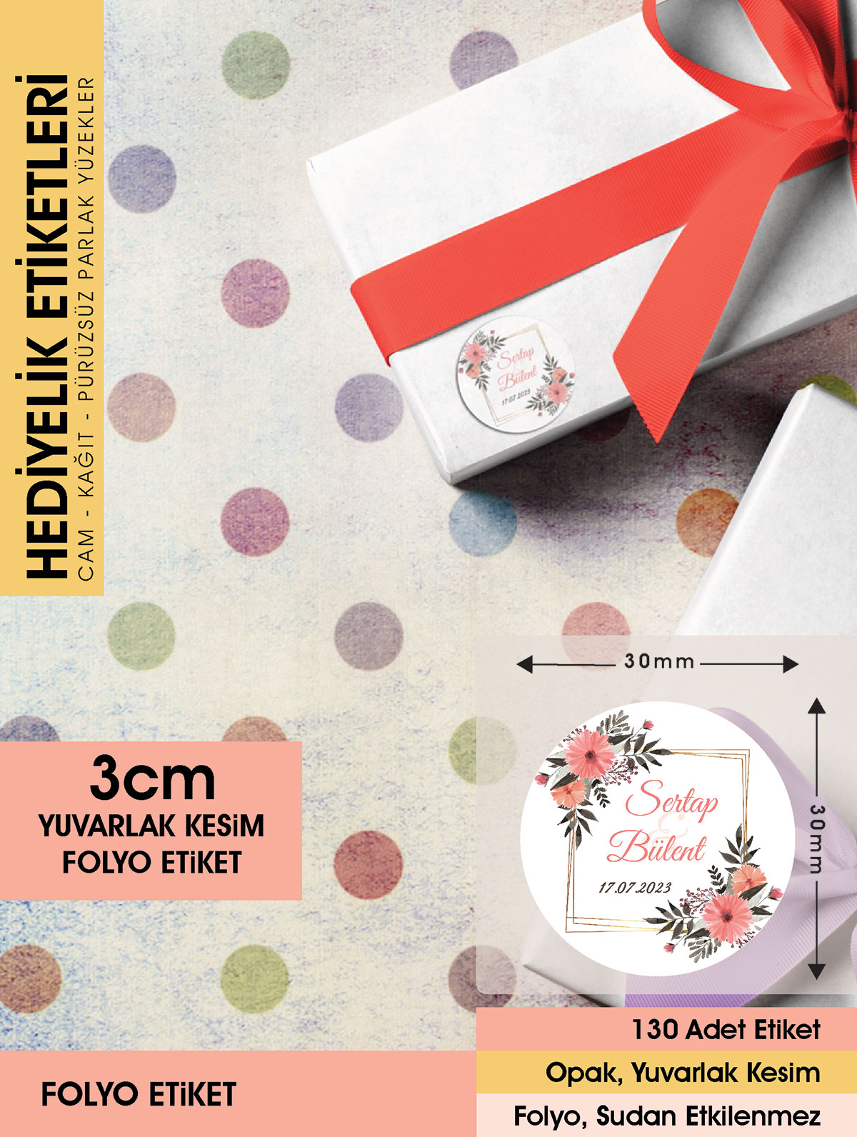 Suluboya Çiçek Modeli-4 Düğün Ürünlerinize Özel 3cm - 130 Adet Folyo Sticker