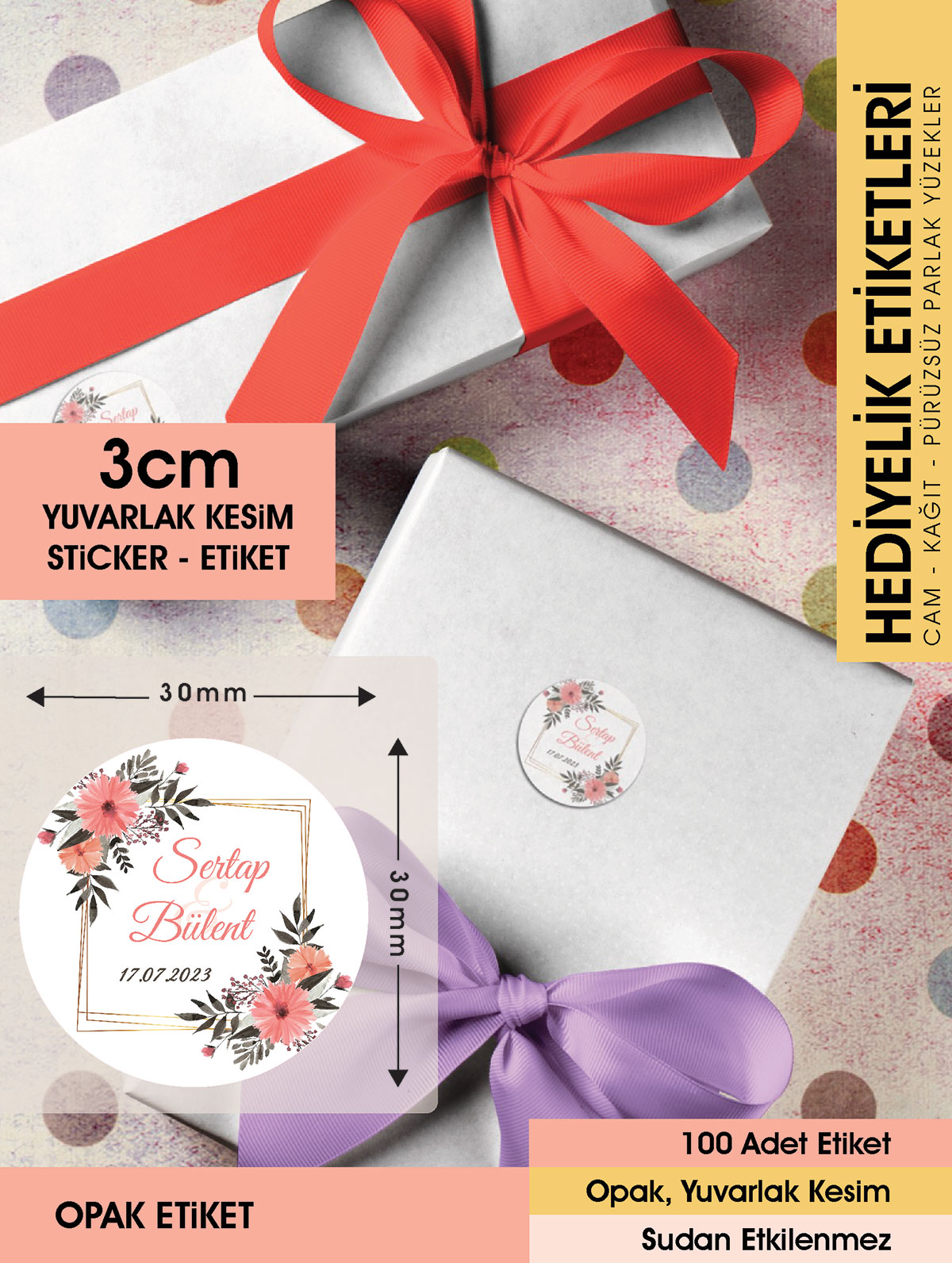 Suluboya Çiçek Modeli-4 Düğün Ürünlerinize Özel 3cm -  100 Adet Opak Sticker