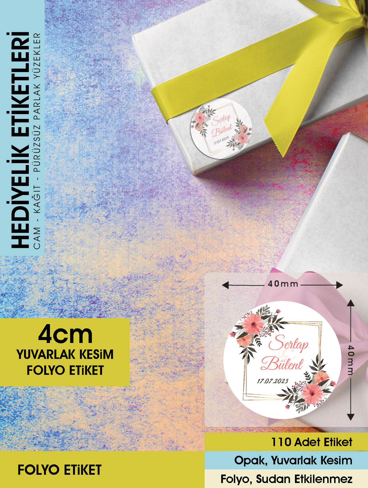 Suluboya Çiçek Modeli-4 Düğün Ürünlerinize Özel 4cm - 110 Adet Folyo Sticker