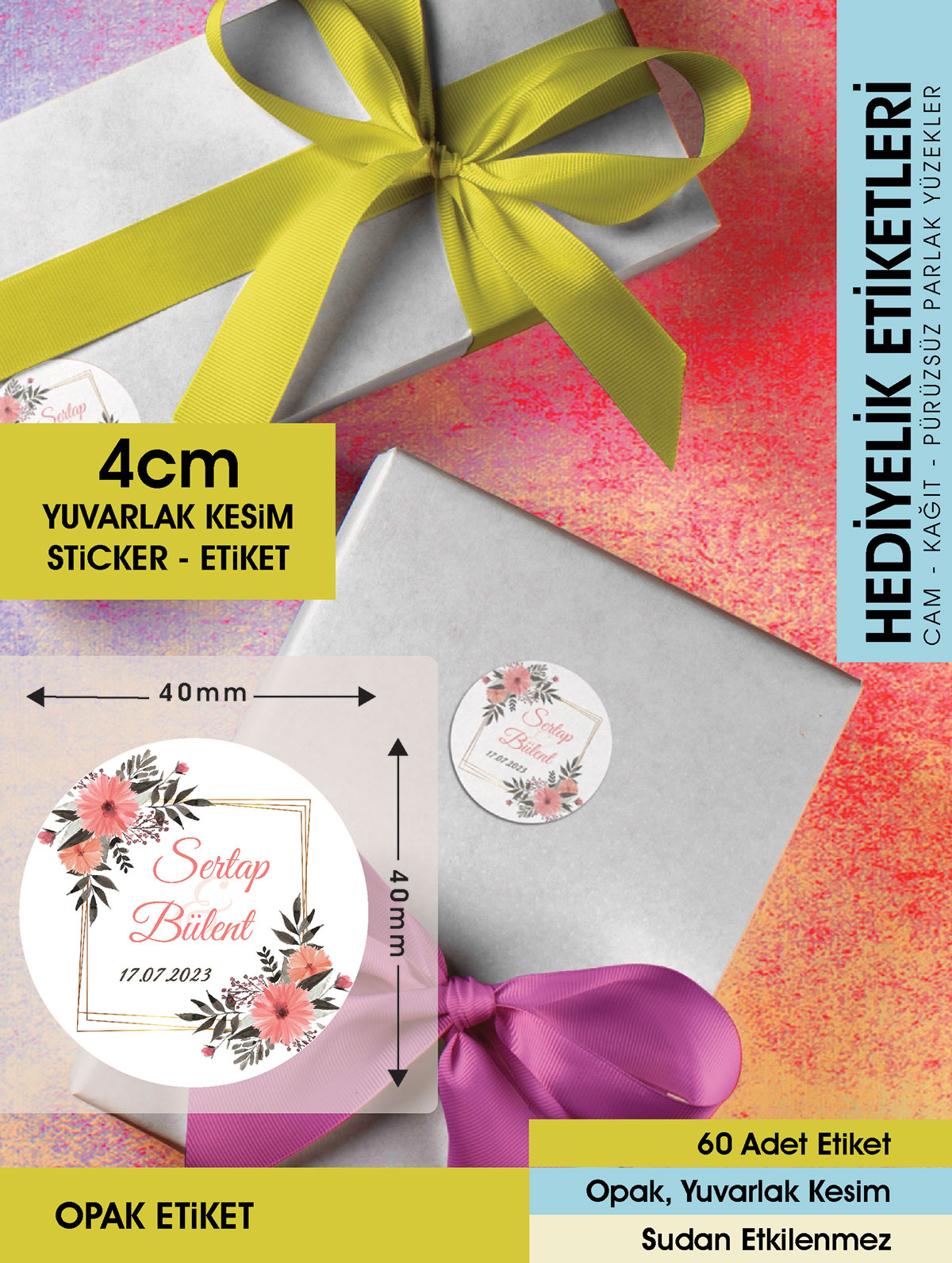 Suluboya Çiçek Modeli-4 Düğün Ürünlerinize Özel 4cm - 60 Adet Opak Sticker