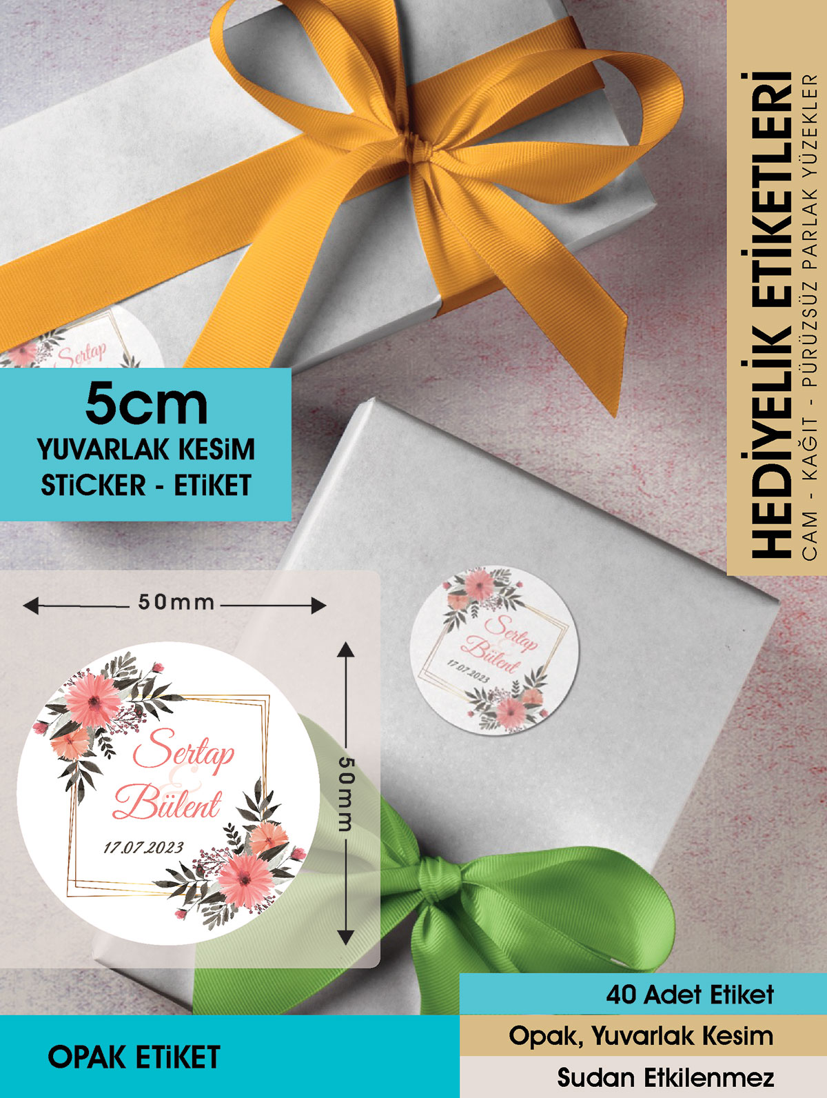 Suluboya Çiçek Modeli-4 Düğün Ürünlerinize Özel 5cm - 40 Adet Opak Sticker