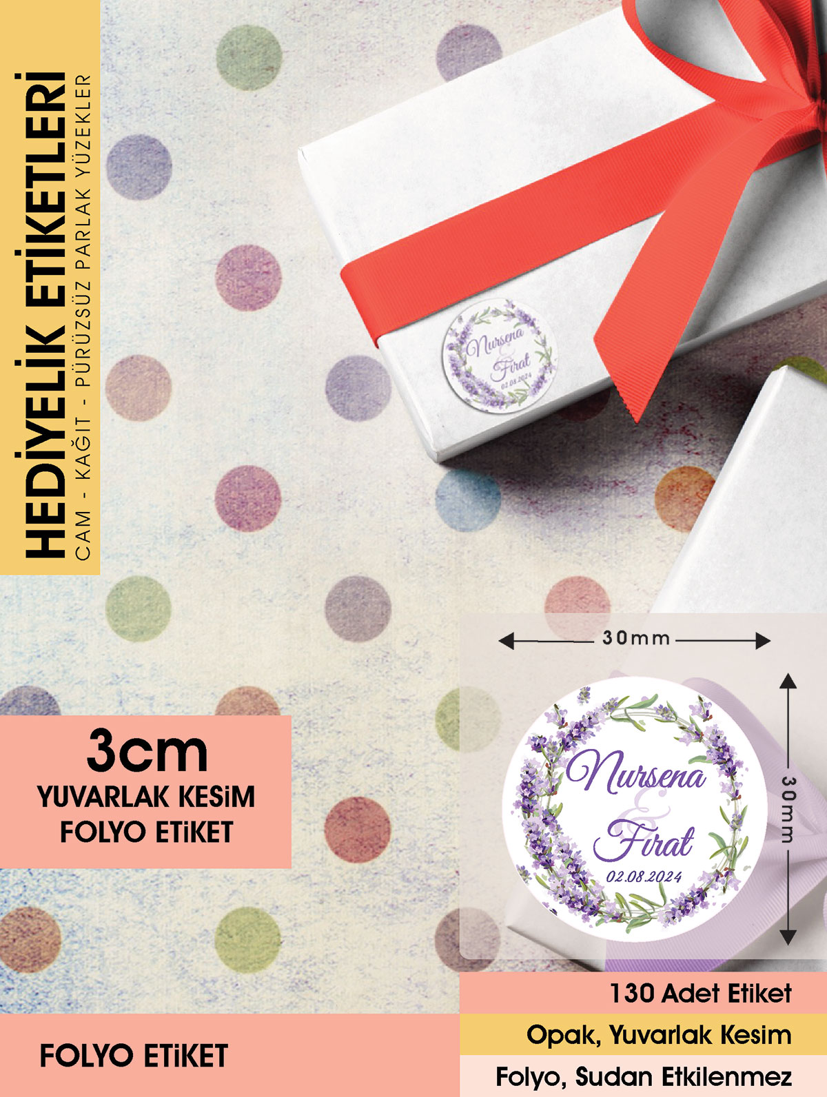 Sulu Boya Lavanta Çiçeği Modeli Düğün, Hediyelik Etiketi 3cm - 130 Adet Folyo Sticker
