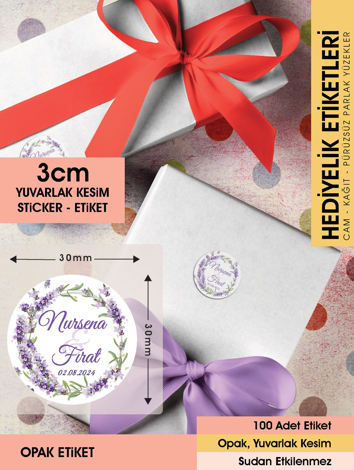 Sulu Boya Lavanta Çiçeği Modeli Düğün, Hediyelik Etiketi 3cm -  100 Adet Opak Sticker