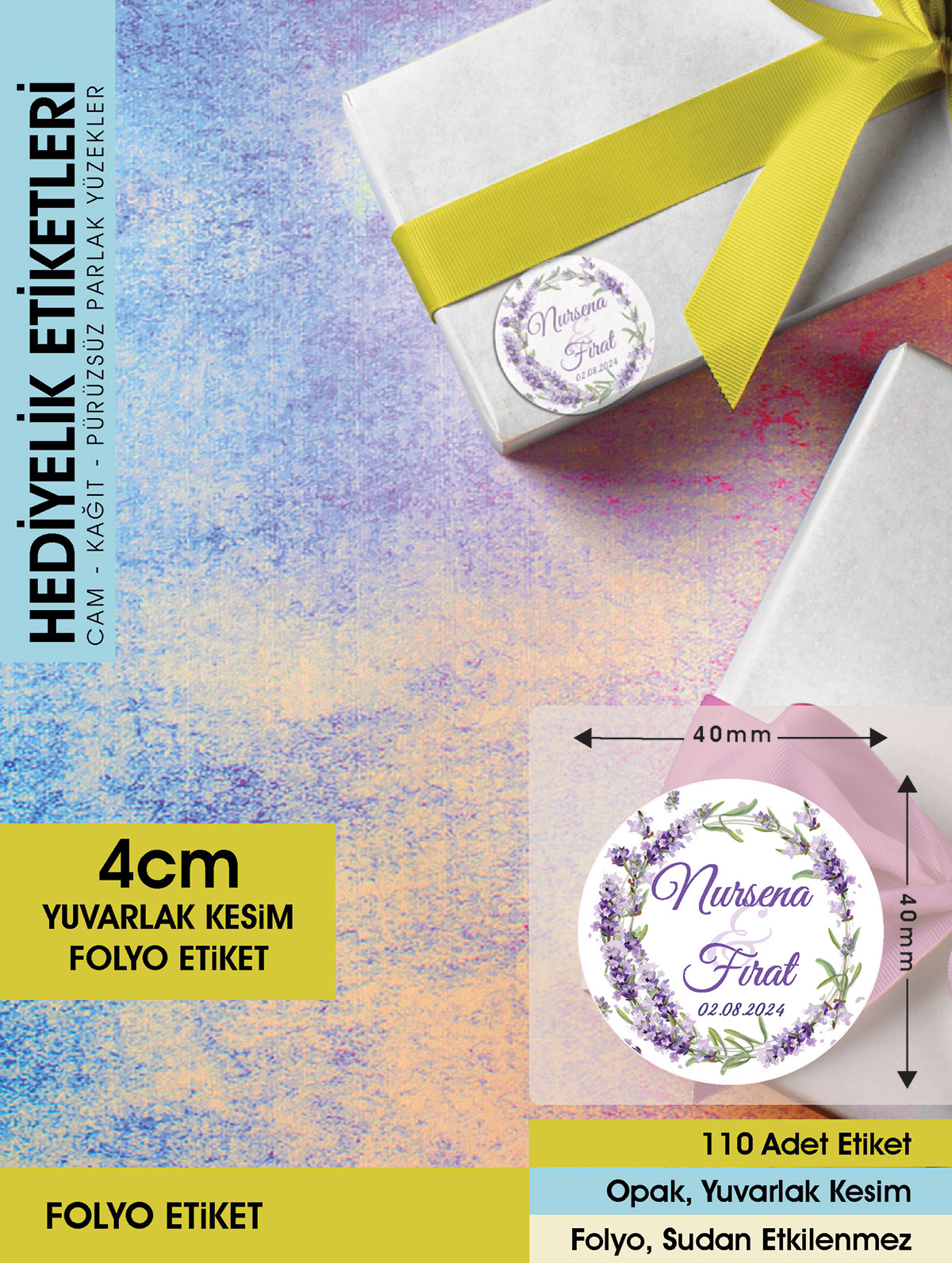 Sulu Boya Lavanta Çiçeği Modeli Düğün, Hediyelik Etiketi 4cm - 110 Adet Folyo Sticker