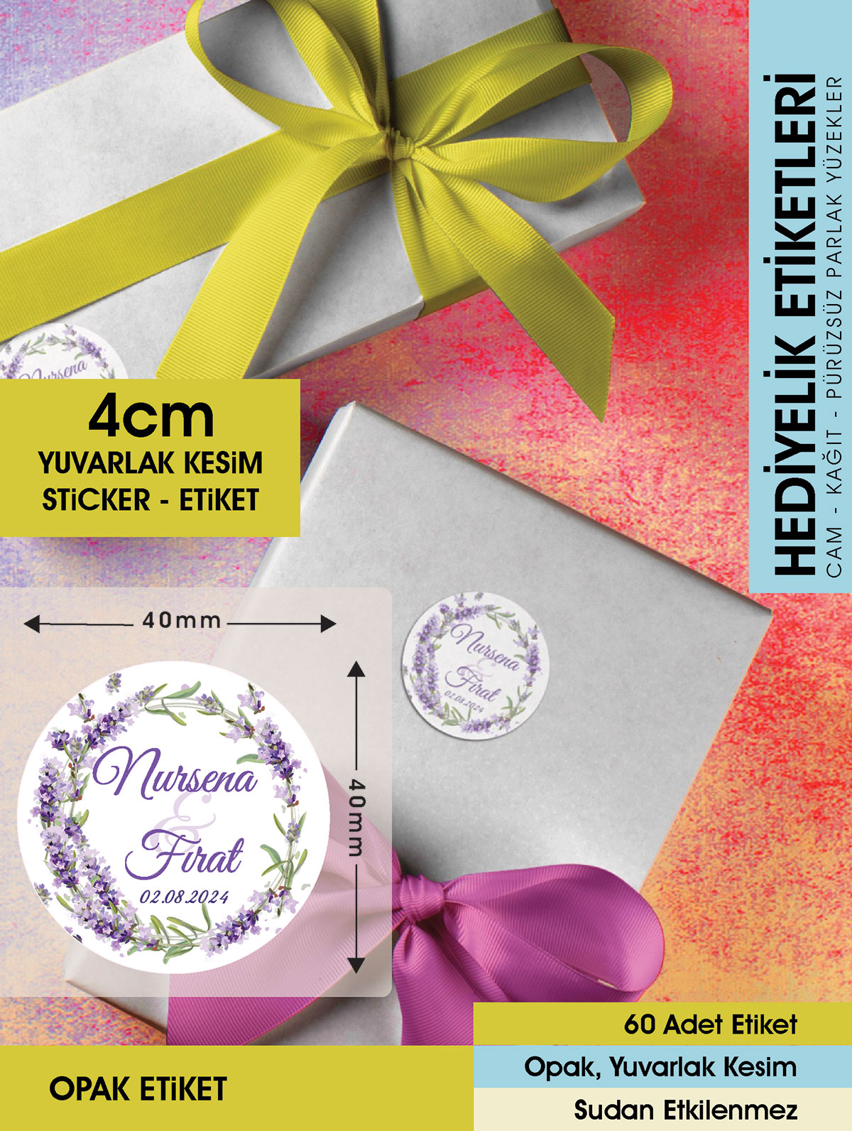 Sulu Boya Lavanta Çiçeği Modeli Düğün, Hediyelik Etiketi 4cm -  60 Adet Opak Sticker