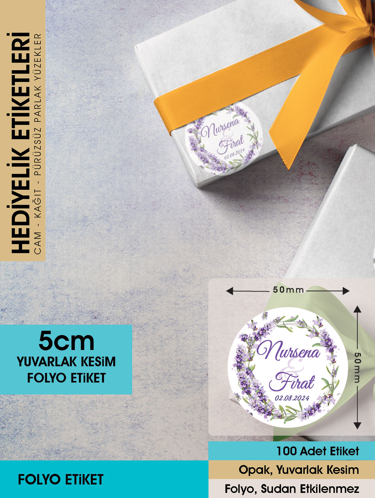 Sulu Boya Lavanta Çiçeği Modeli Düğün, Hediyelik Etiketi 5cm - 100 Adet Folyo Sticker