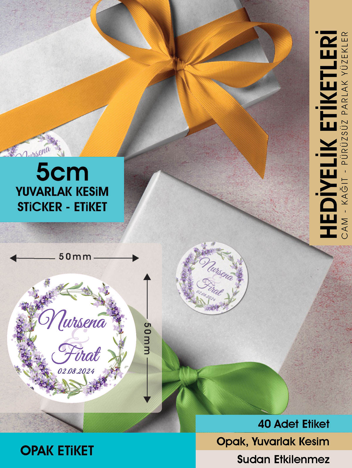 Sulu Boya Lavanta Çiçeği Modeli Düğün, Hediyelik Etiketi 5cm - 40 Adet Opak Sticker