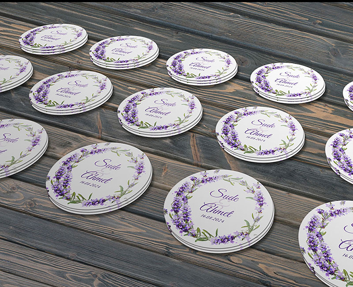Sulu Boya Lavanta Çiçeği Modeli Düğün, Hediyelik Etiketi 5cm - 40 Adet Opak Sticker