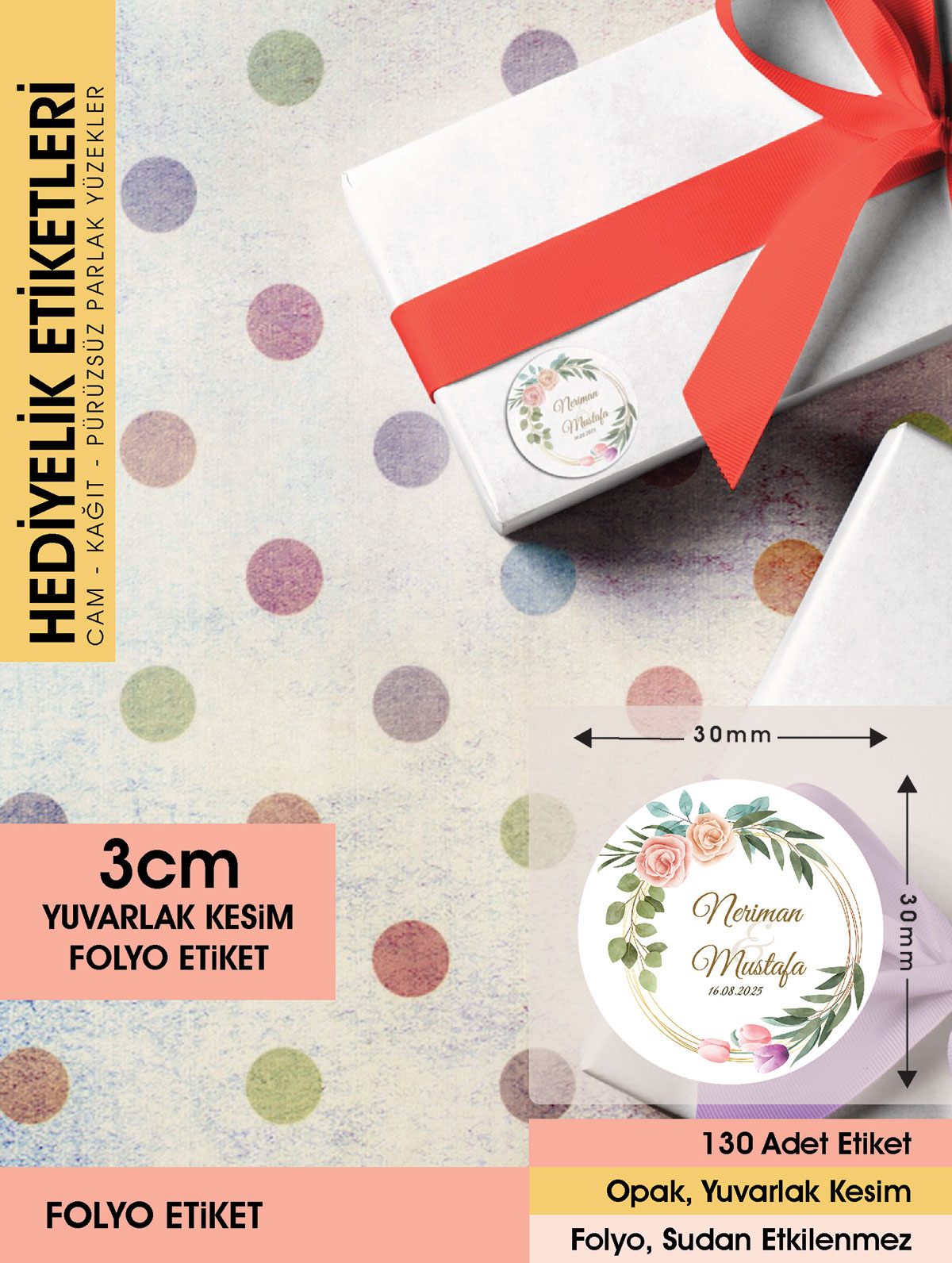Suluboya Çiçek Modeli 3, Etiket Modeli Ürünlerinize Özel 3cm - 130 Adet Folyo Sticker