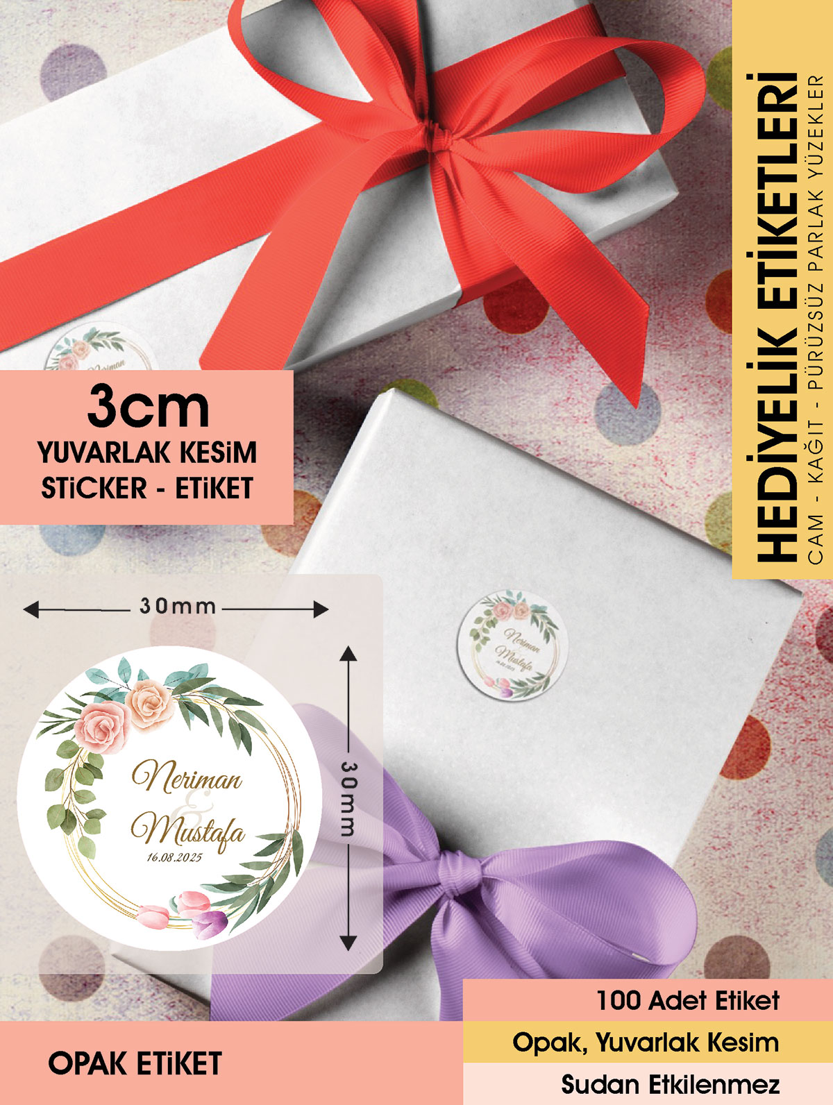 Suluboya Çiçek Modeli 3, Etiket Modeli Ürünlerinize Özel 3cm - 100 Adet Opak Sticker