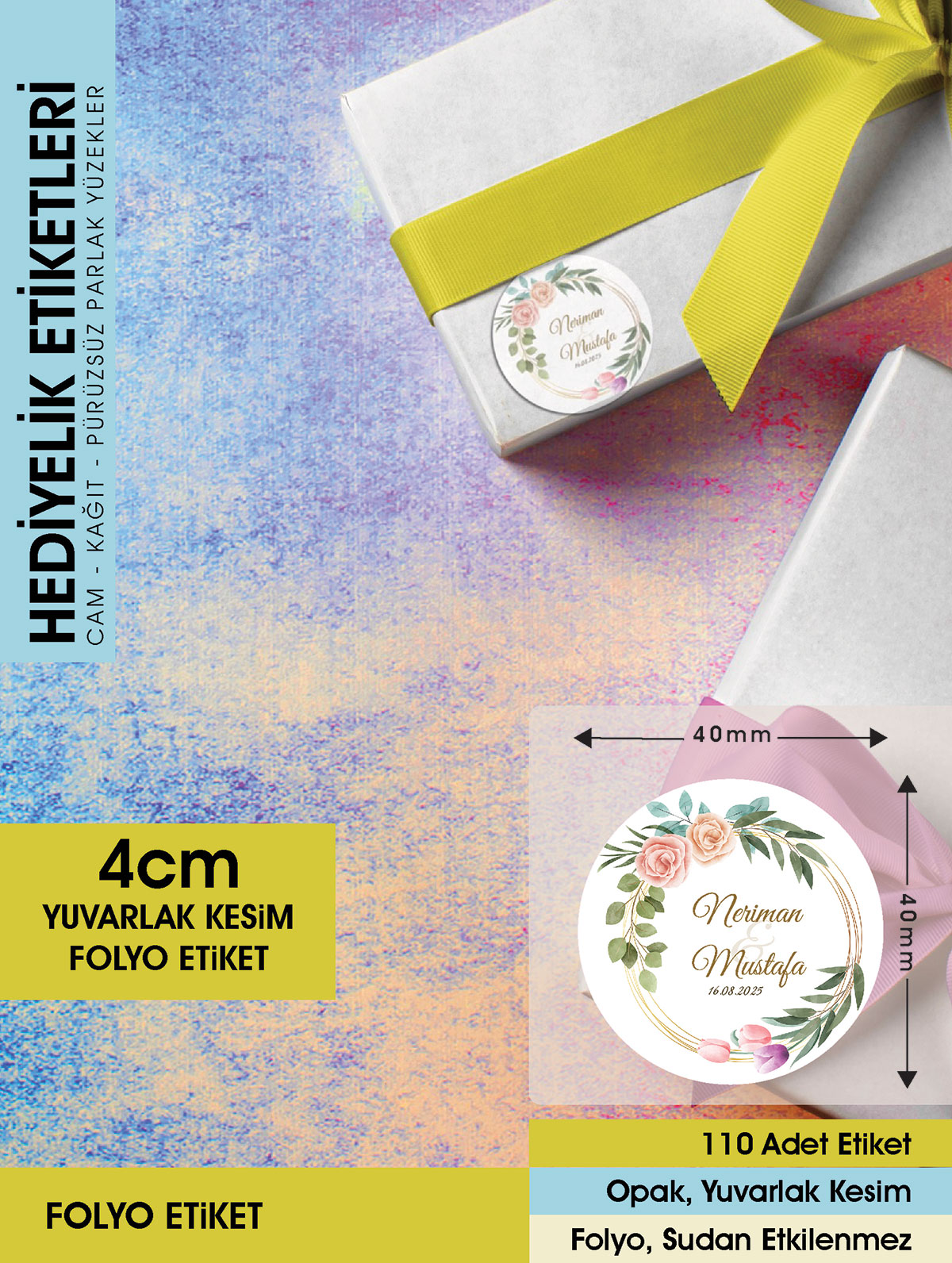 Suluboya Çiçek Modeli 3, Etiket Modeli Ürünlerinize Özel 4cm - 110 Adet Folyo Sticker