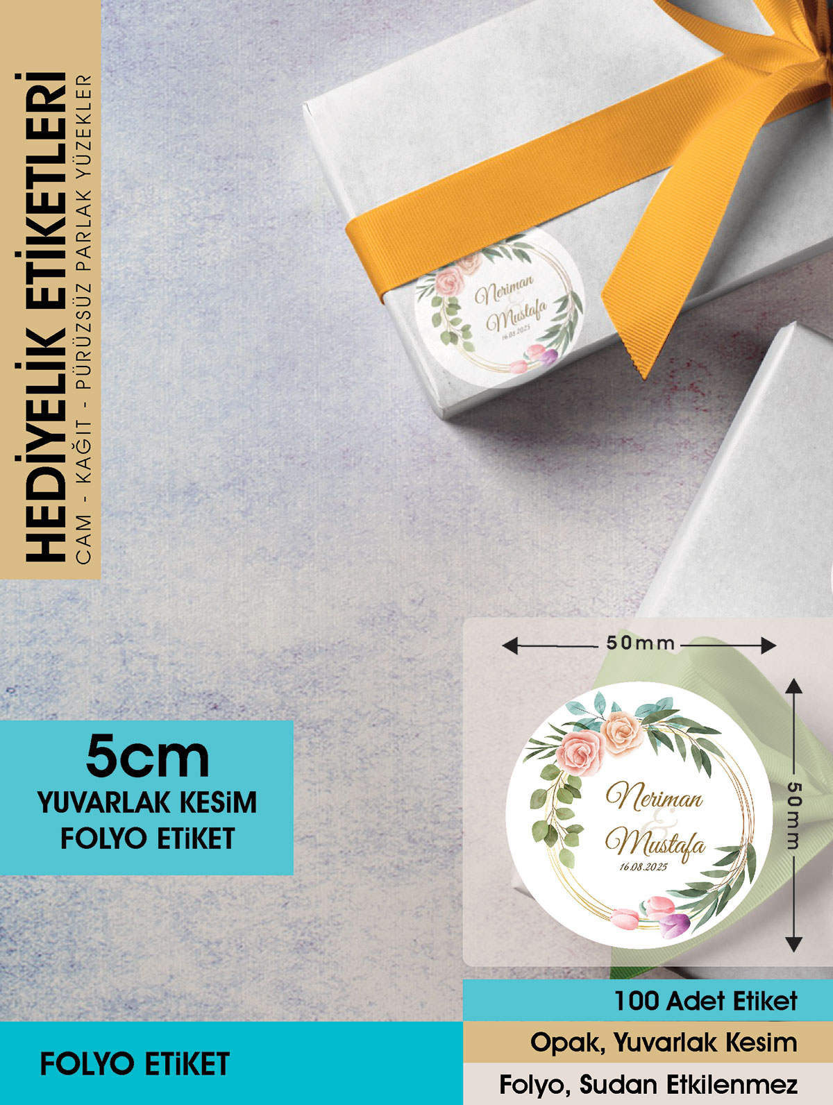 Suluboya Çiçek Modeli 3, Etiket Modeli Ürünlerinize Özel 5cm - 100 Adet Folyo Sticker
