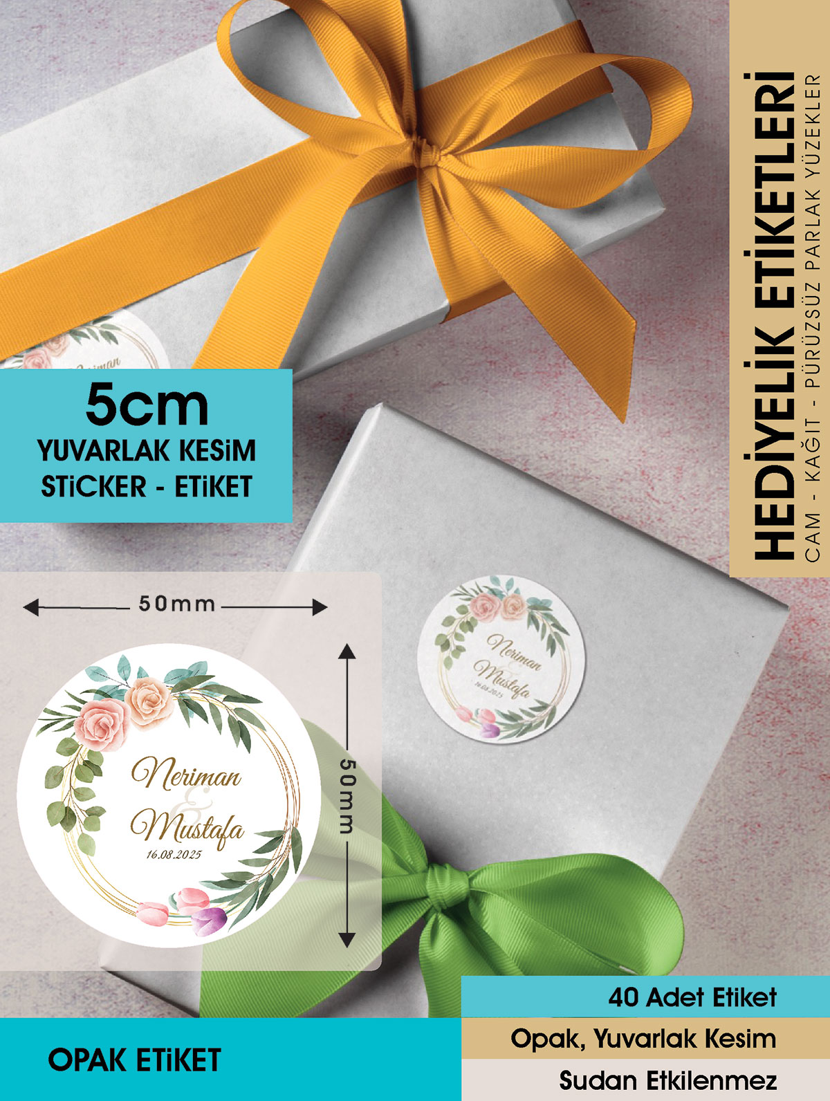 Suluboya Çiçek Modeli 3, Etiket Modeli Ürünlerinize Özel 5cm - 40 Adet Opak Sticker