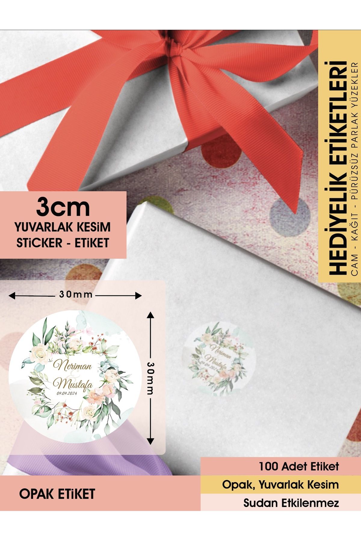 Suluboya Çiçek Modeli 2, Etiket Modeli Ürünlerinize Özel 3cm - 100 Adet Opak Sticker