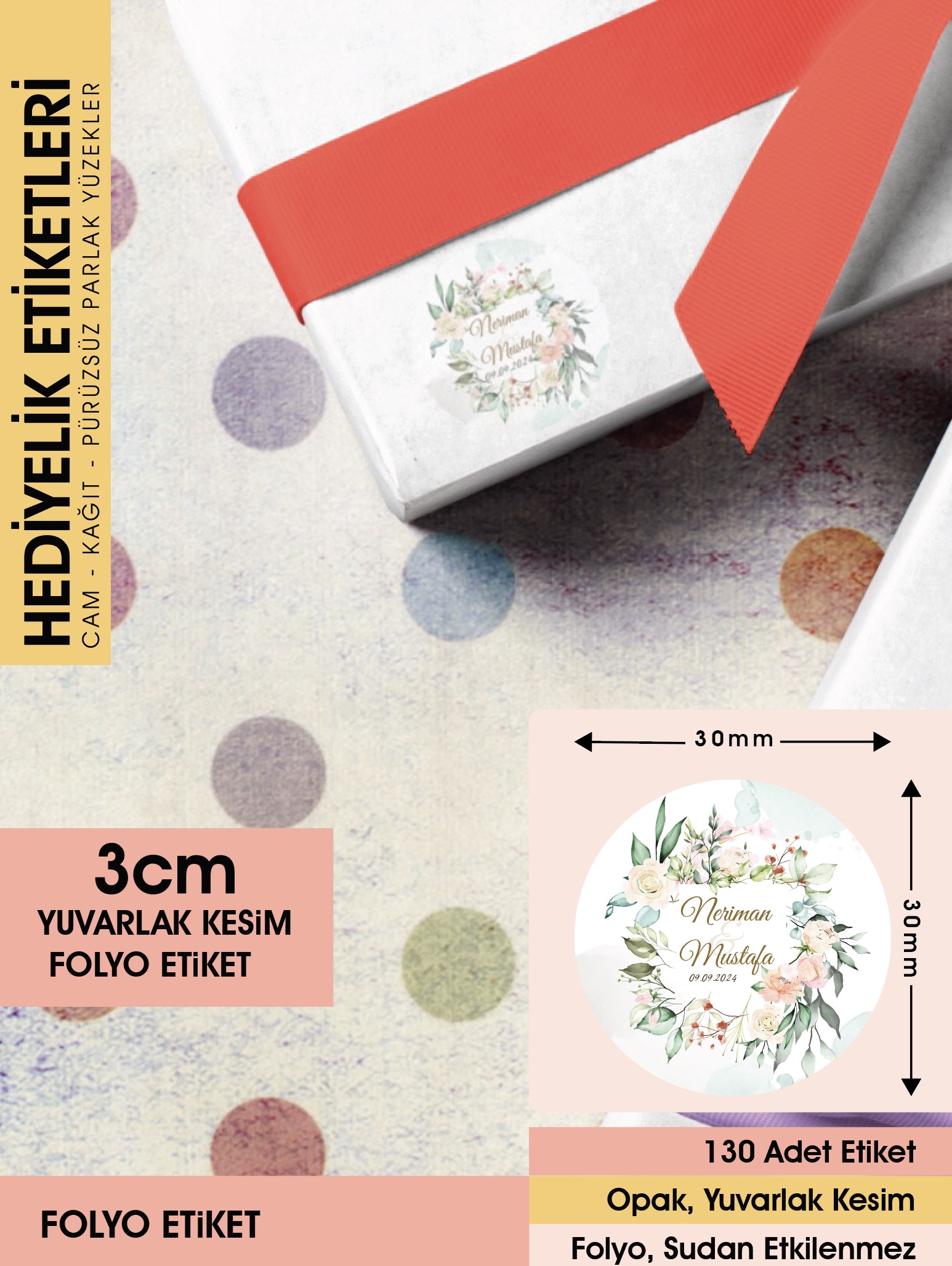 Suluboya Çiçek Modeli 2, Etiket Modeli Ürünlerinize Özel 3cm - 130 Adet Folyo Sticker