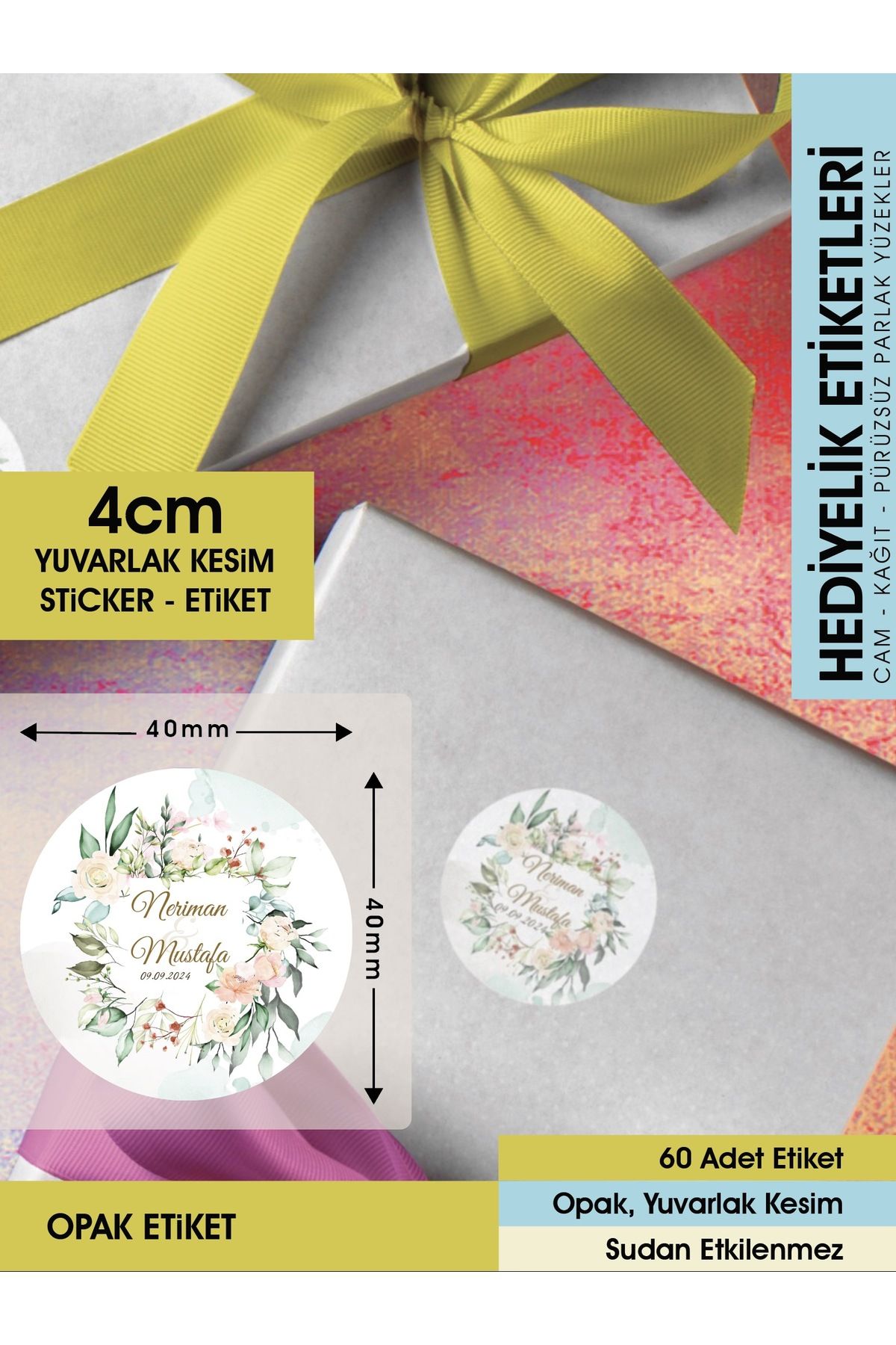 Suluboya Çiçek Modeli 2, Etiket Modeli Ürünlerinize Özel 4cm - 60 Adet Opak Sticker