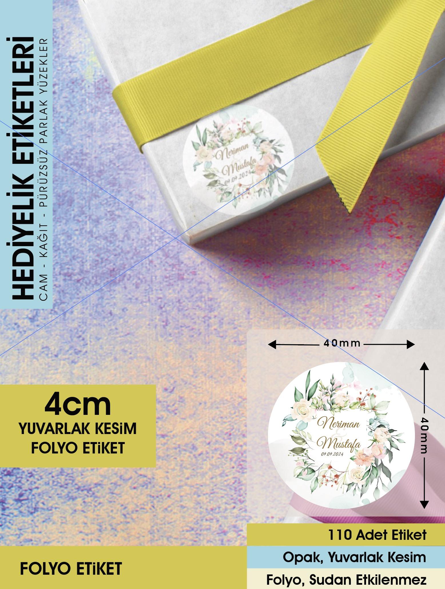 Suluboya Çiçek Modeli 2, Etiket Modeli Ürünlerinize Özel 4cm - 110 Adet Folyo Sticker
