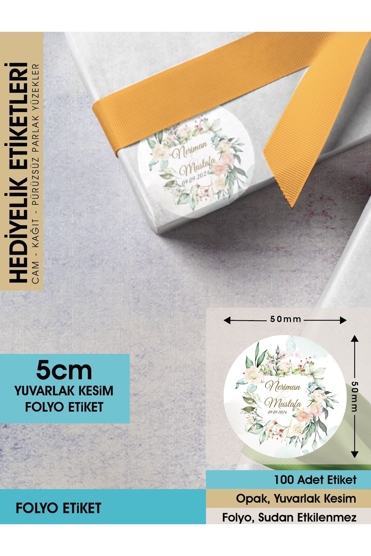 Suluboya Çiçek Modeli 2, Etiket Modeli Ürünlerinize Özel 5cm - 100 Adet Folyo Sticker