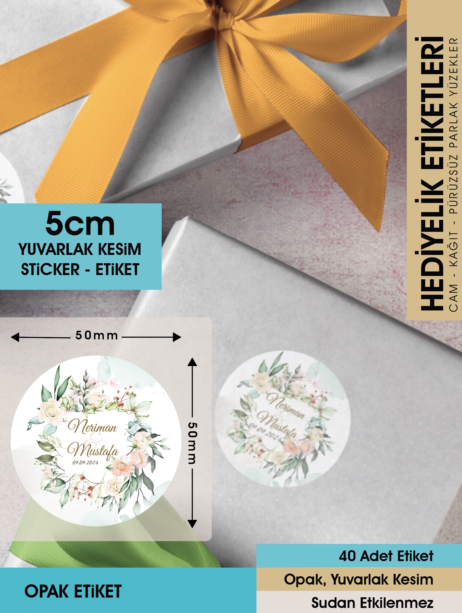 Suluboya Çiçek Modeli 2, Etiket Modeli Ürünlerinize Özel 5cm - 40 Adet Opak Sticker
