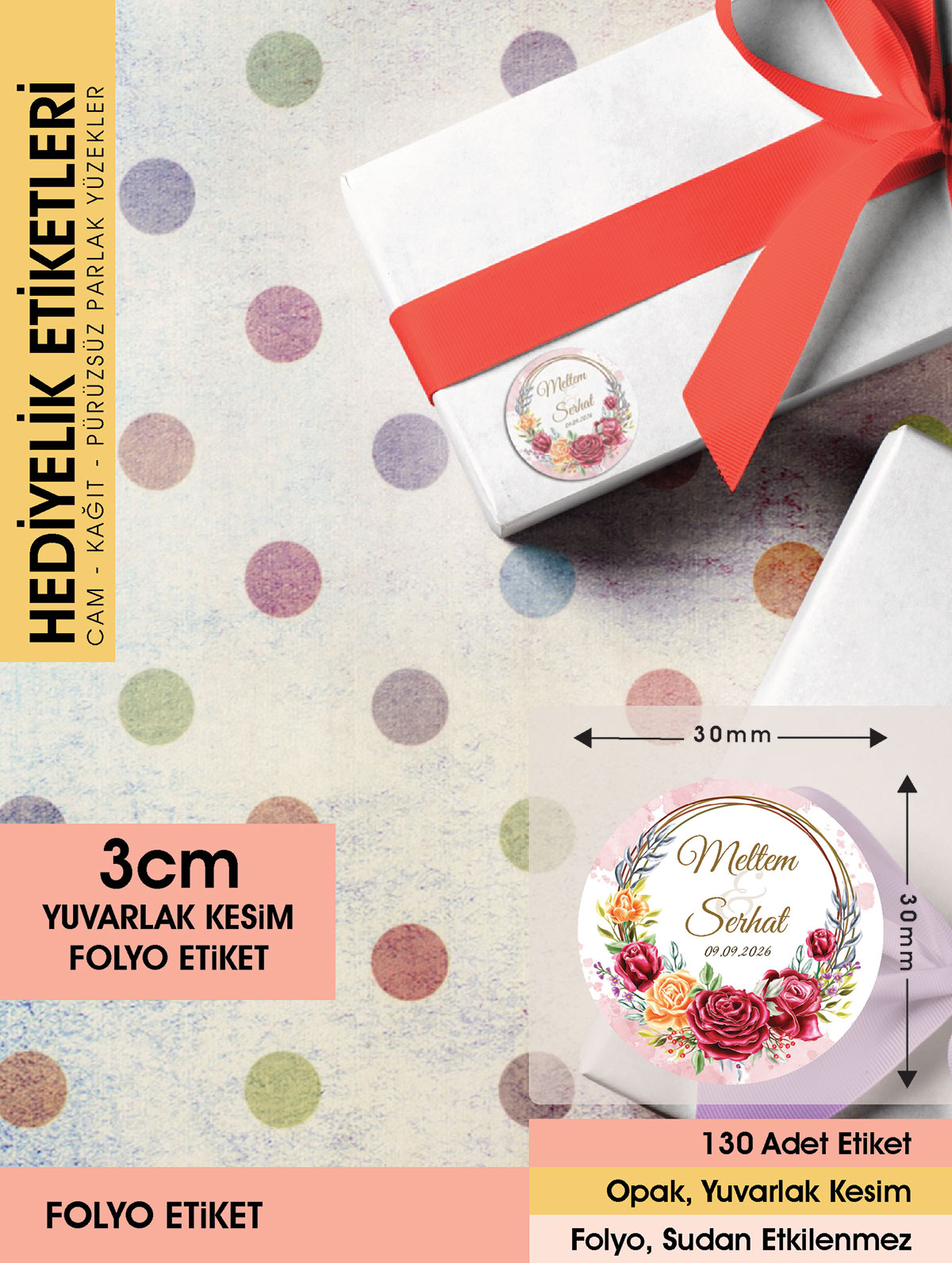 Kırmızı Gül Düğün Etiket Modeli Ürünlerinize Öze 3cm - 130 Adet Folyo Sticker