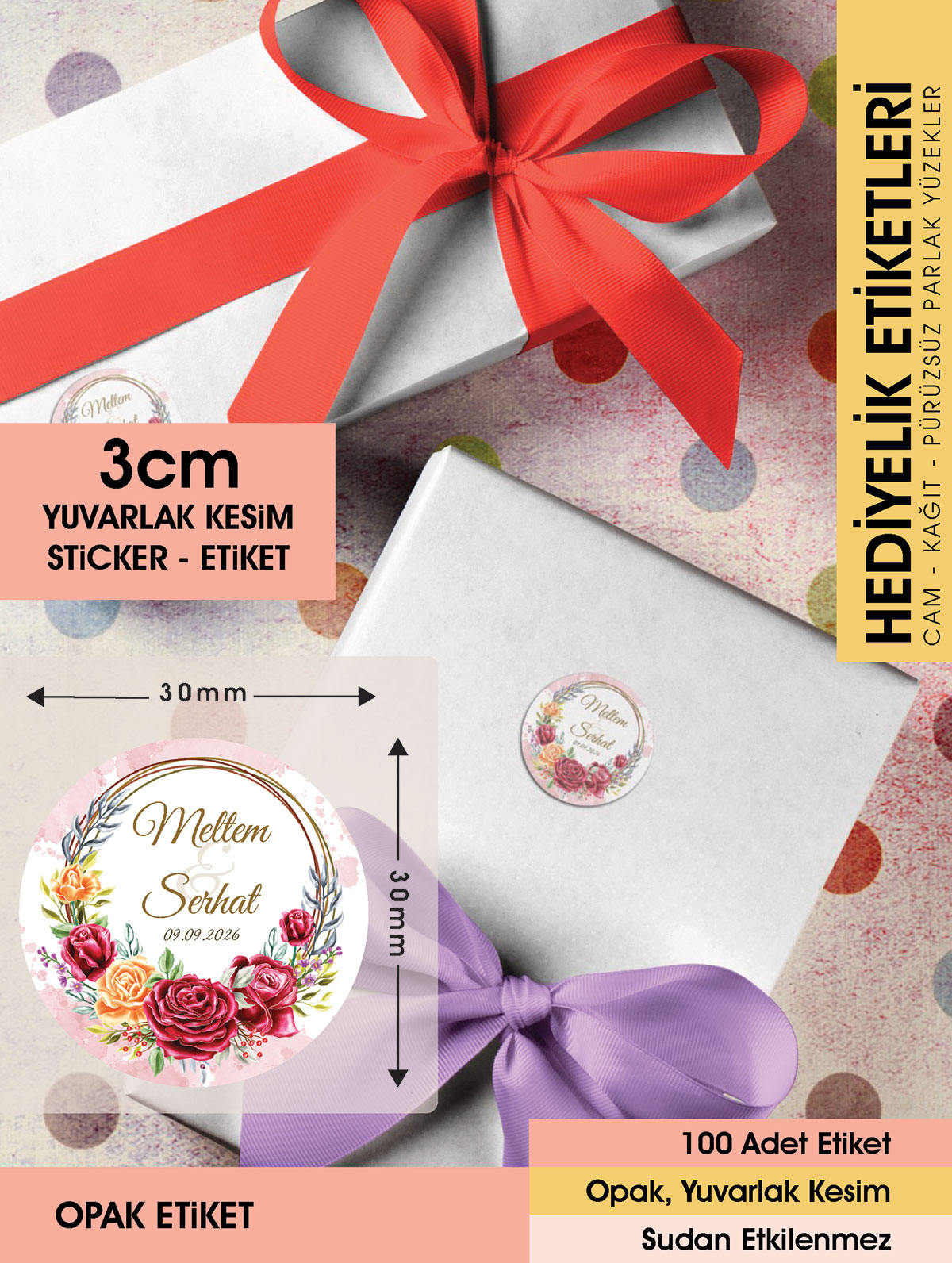 Kırmızı Gül Düğün Etiket Modeli Ürünlerinize Öze 3cm - 100 Adet Opak Sticker