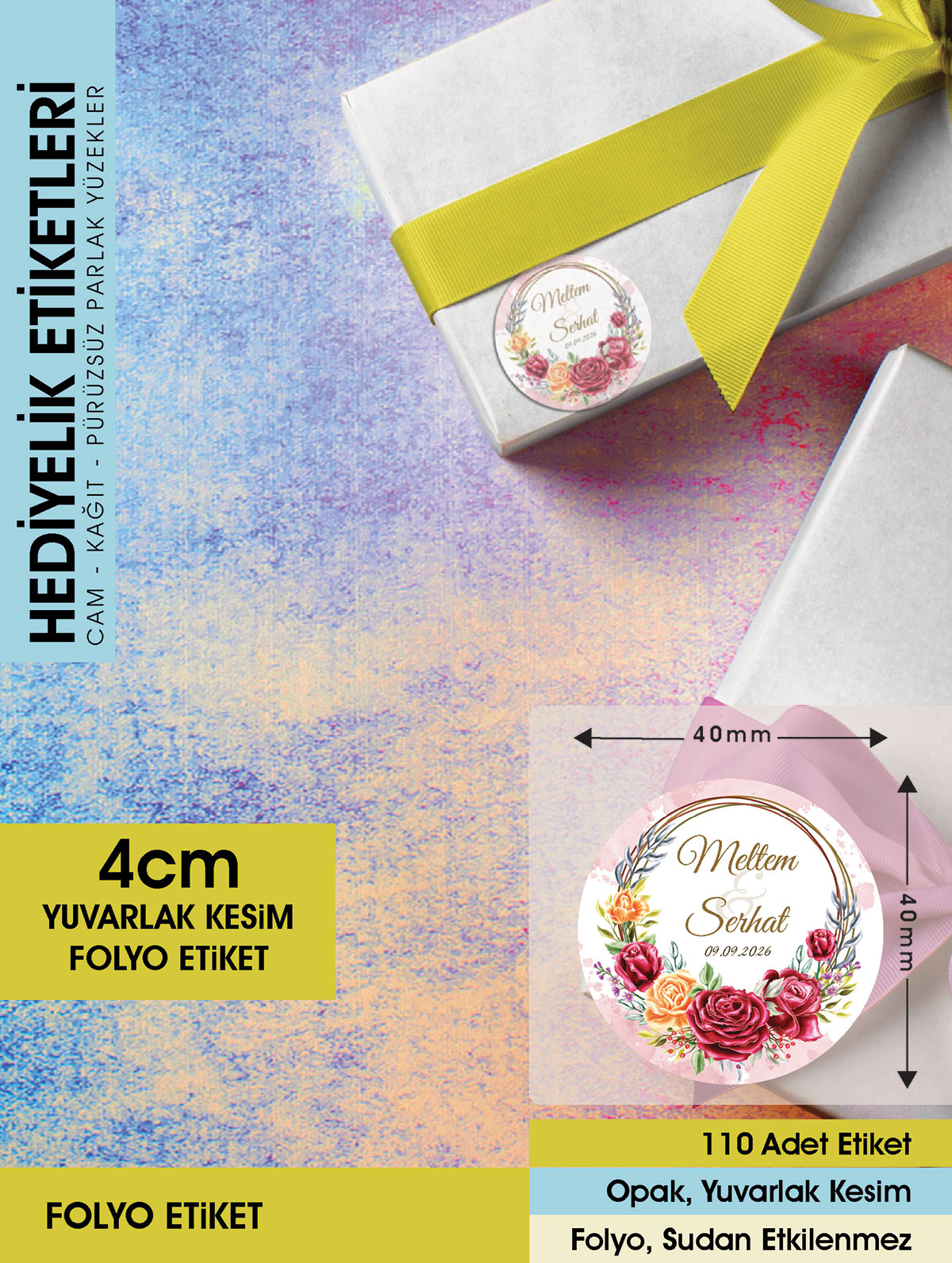 Kırmızı Gül Düğün Etiket Modeli Ürünlerinize Öze 4cm - 110 Adet Folyo Sticker